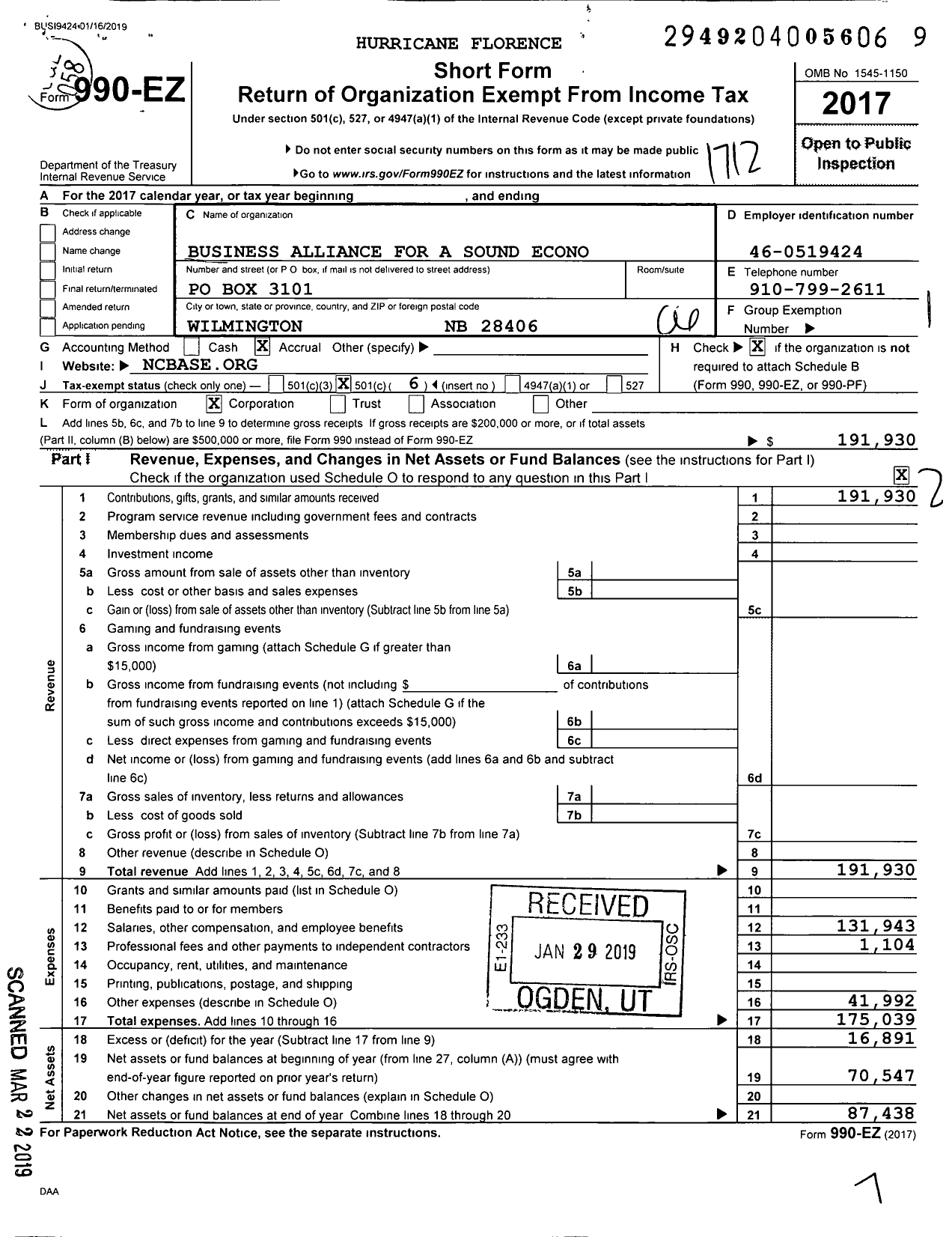 Image of first page of 2017 Form 990EO for Business Alliance for A Sound Econo