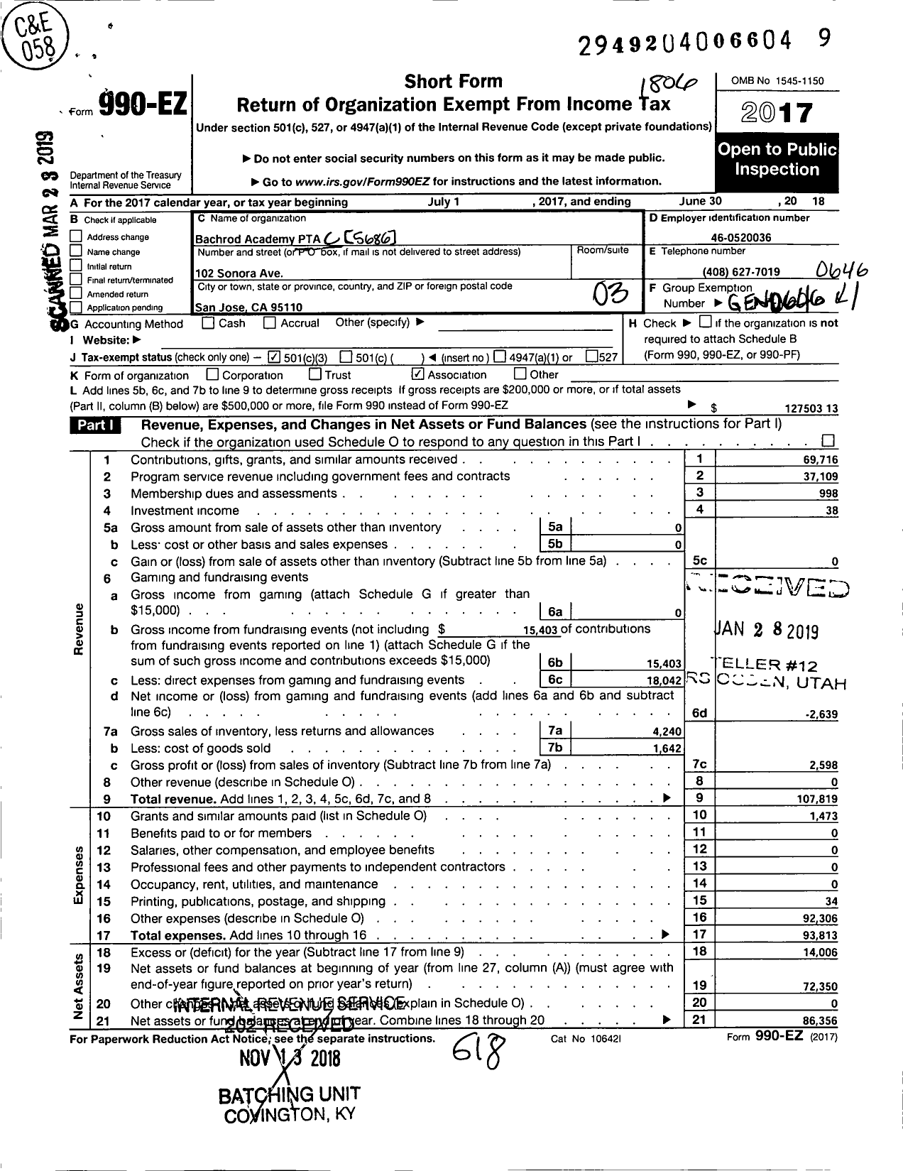 Image of first page of 2017 Form 990EZ for California State PTA - Bachrodt Academy PTA