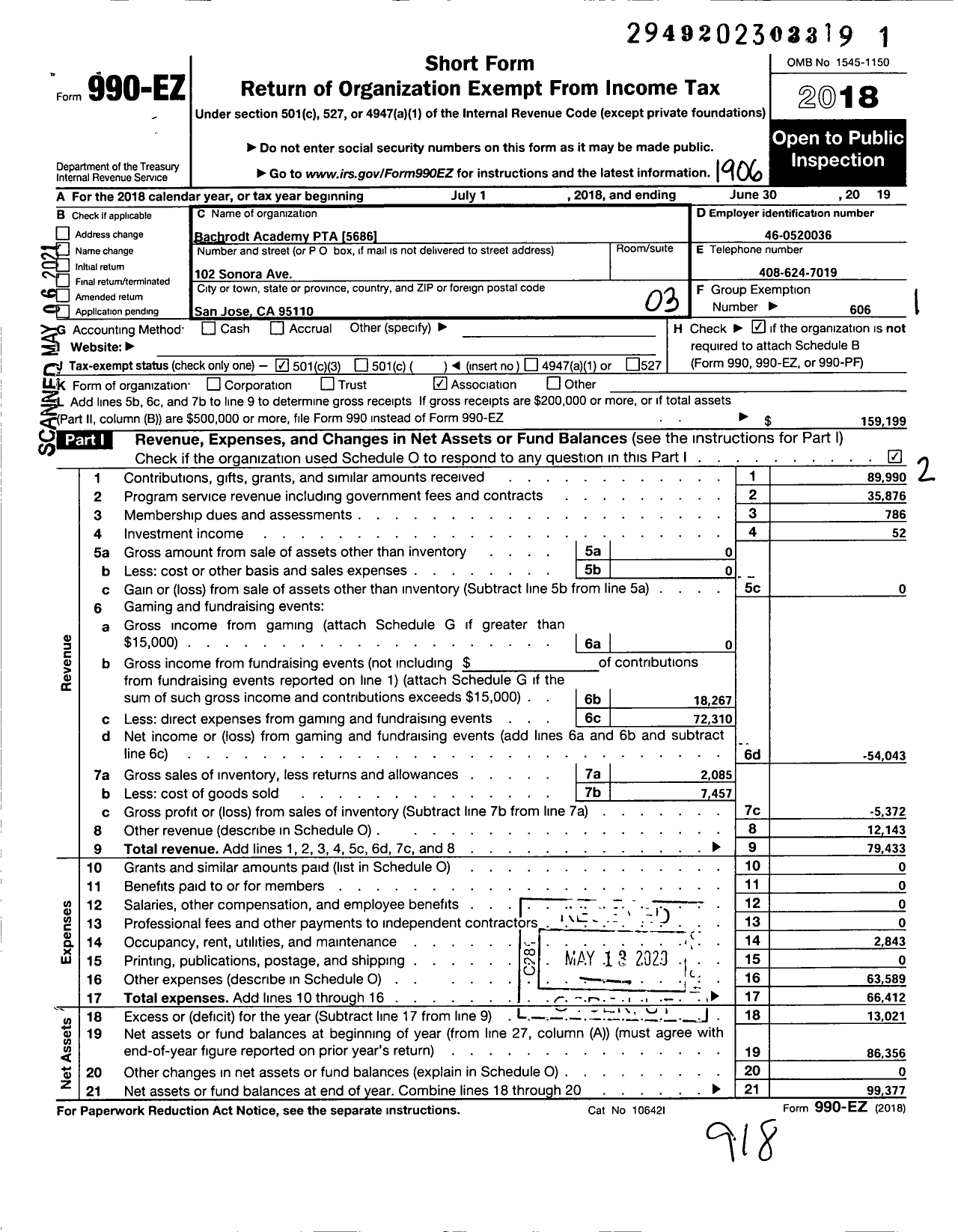 Image of first page of 2018 Form 990EZ for California State PTA - Bachrodt Academy PTA