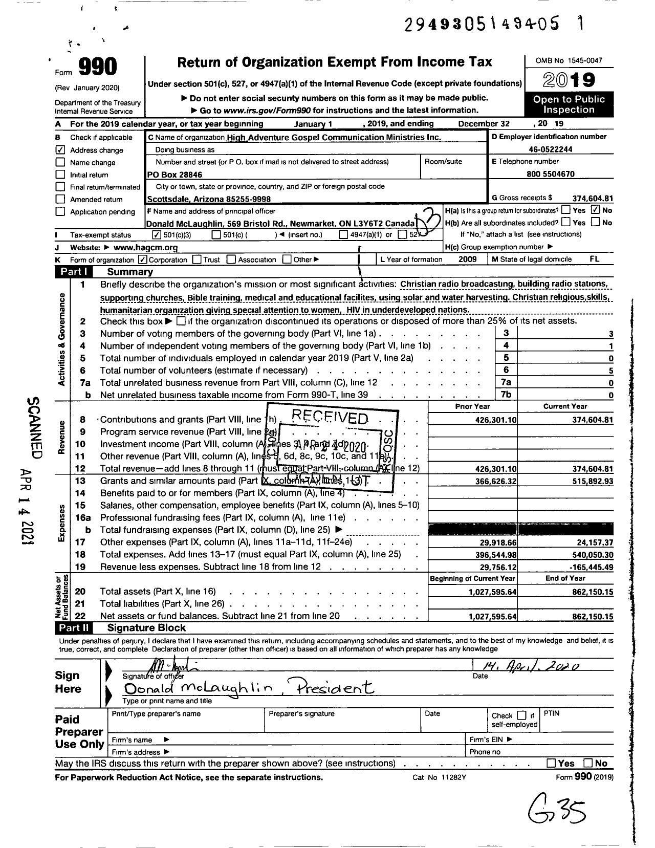 Image of first page of 2019 Form 990 for High Adventure Gospel Communication Ministries