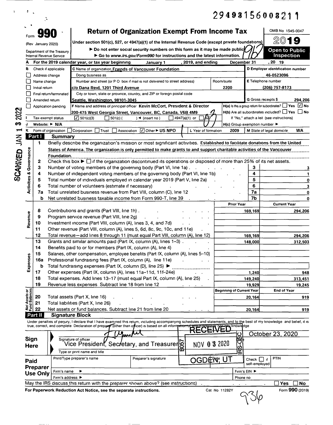 Image of first page of 2019 Form 990 for Friends of Vancouver Foundation