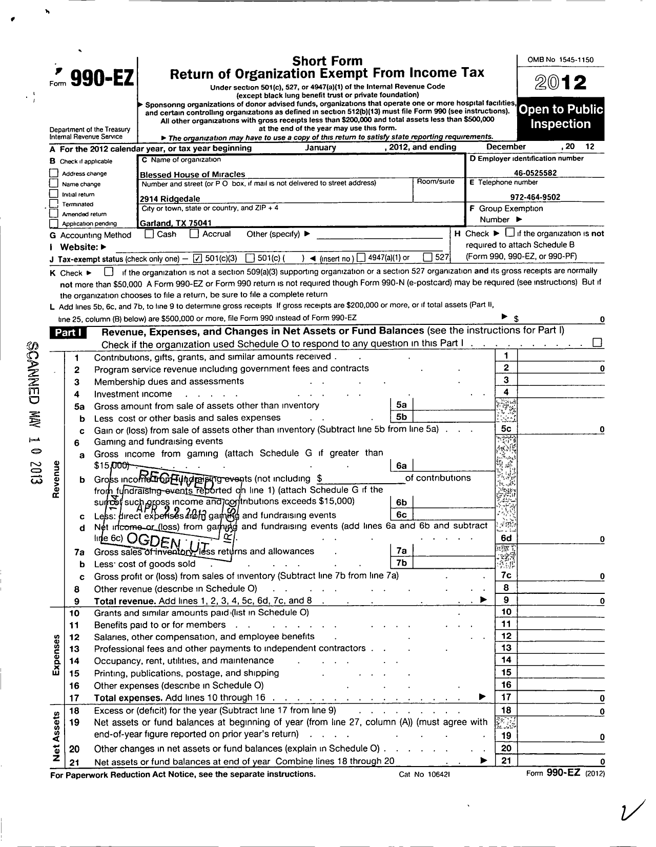 Image of first page of 2012 Form 990EZ for Blessed House of Miracles