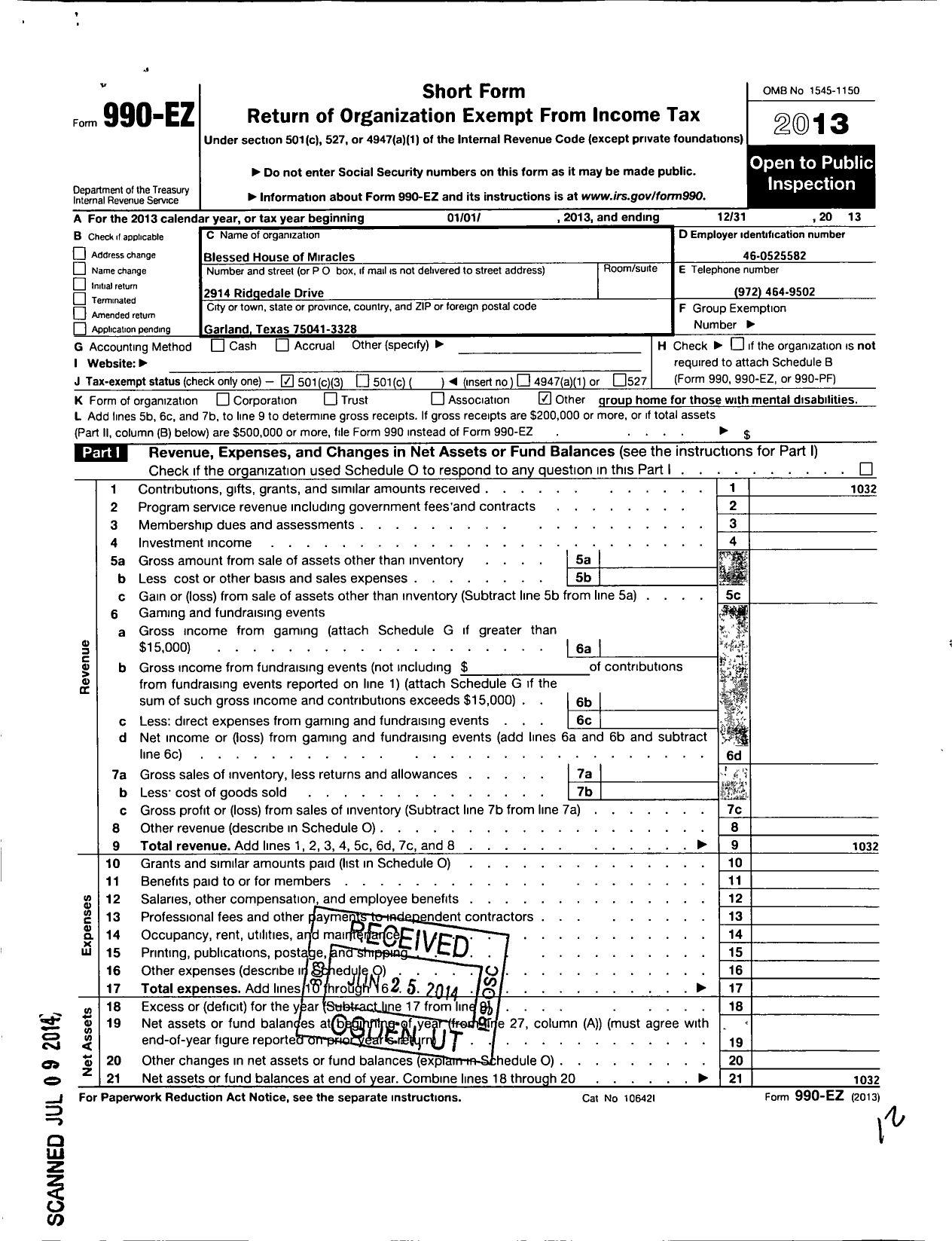 Image of first page of 2013 Form 990EZ for Blessed House of Miracles