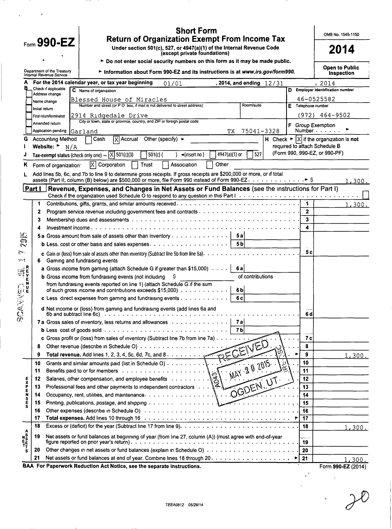 Image of first page of 2014 Form 990EZ for Blessed House of Miracles