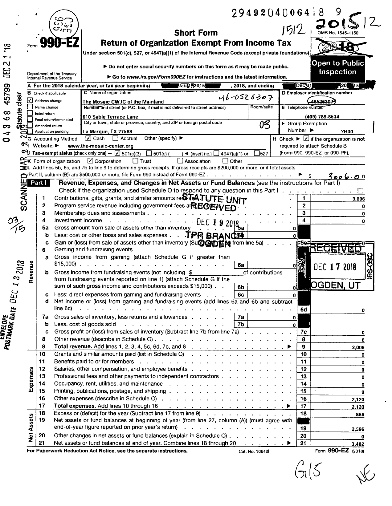 Image of first page of 2015 Form 990EZ for Mosaic CWJC of the Mainland