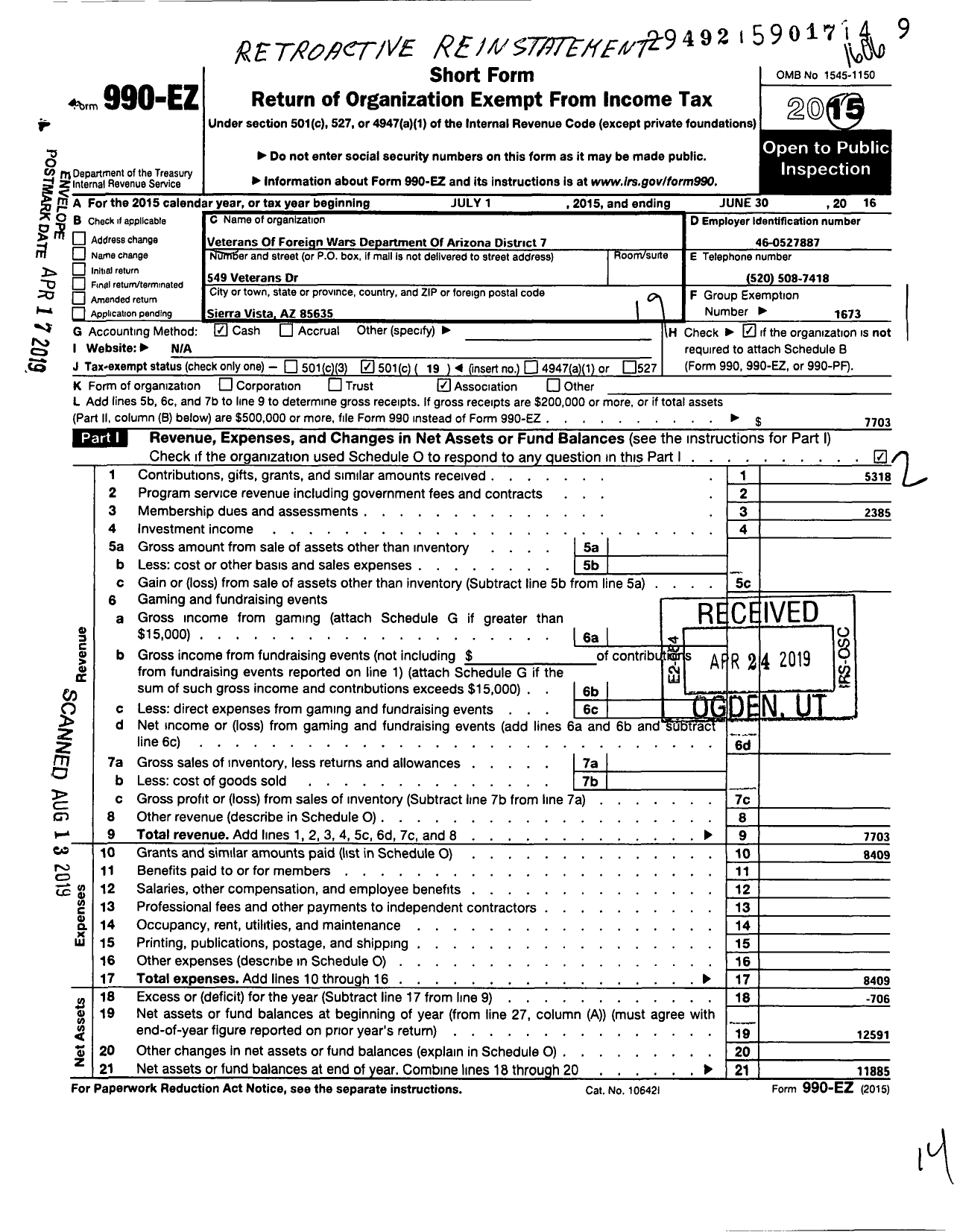 Image of first page of 2015 Form 990EO for Veterans of Foreign Wars Department of Arizona District