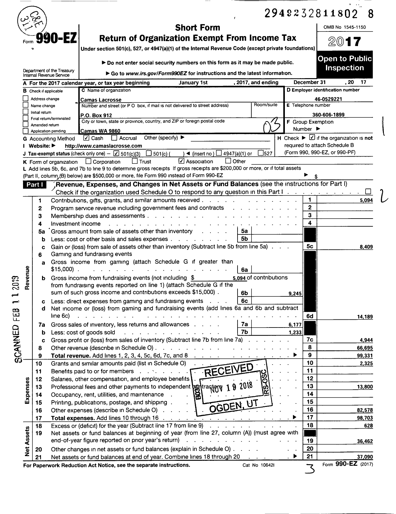 Image of first page of 2017 Form 990EZ for Camas Lacrosse