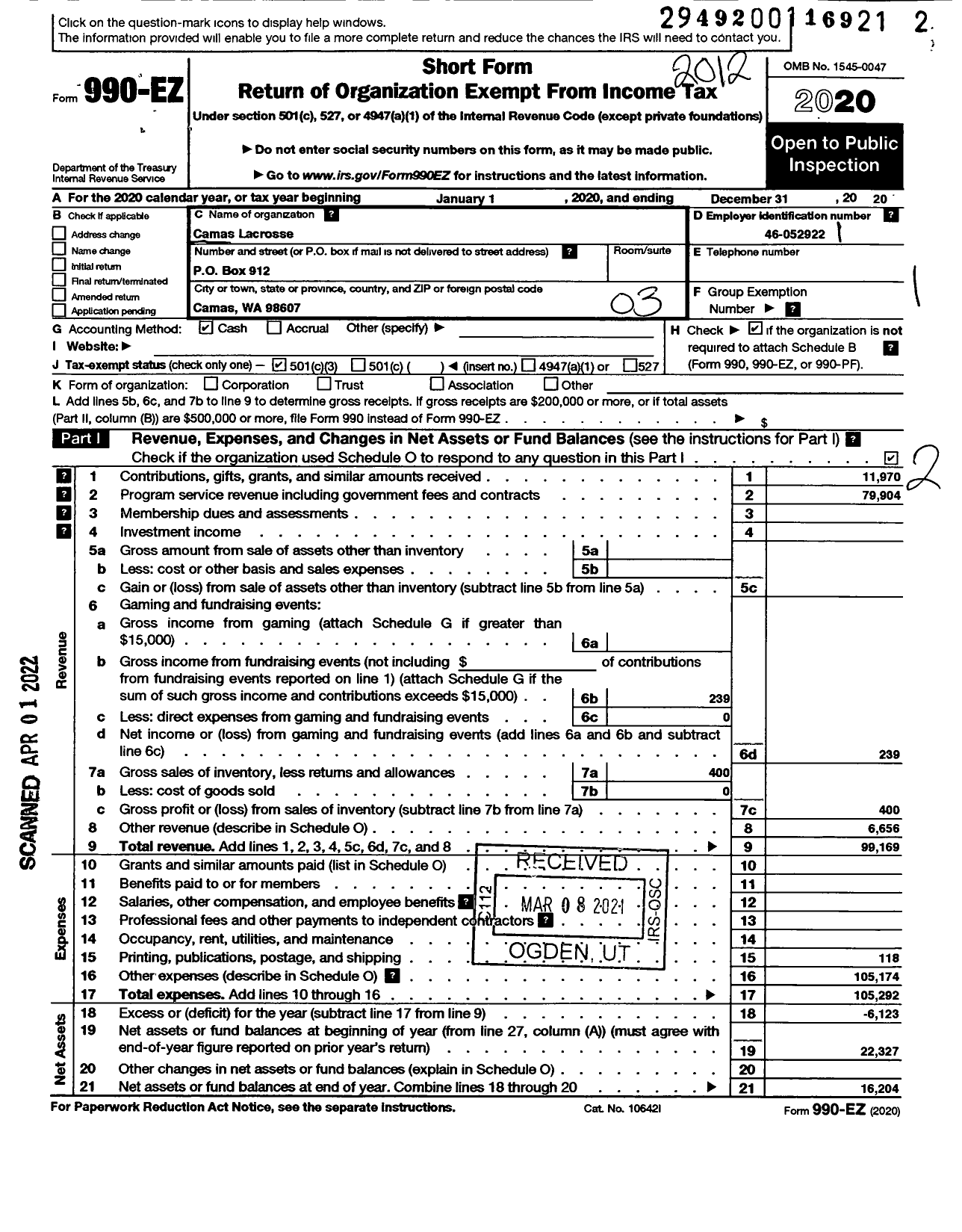 Image of first page of 2020 Form 990EZ for Camas Lacrosse