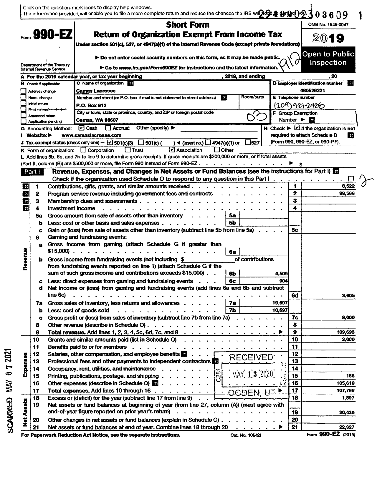 Image of first page of 2019 Form 990EZ for Camas Lacrosse