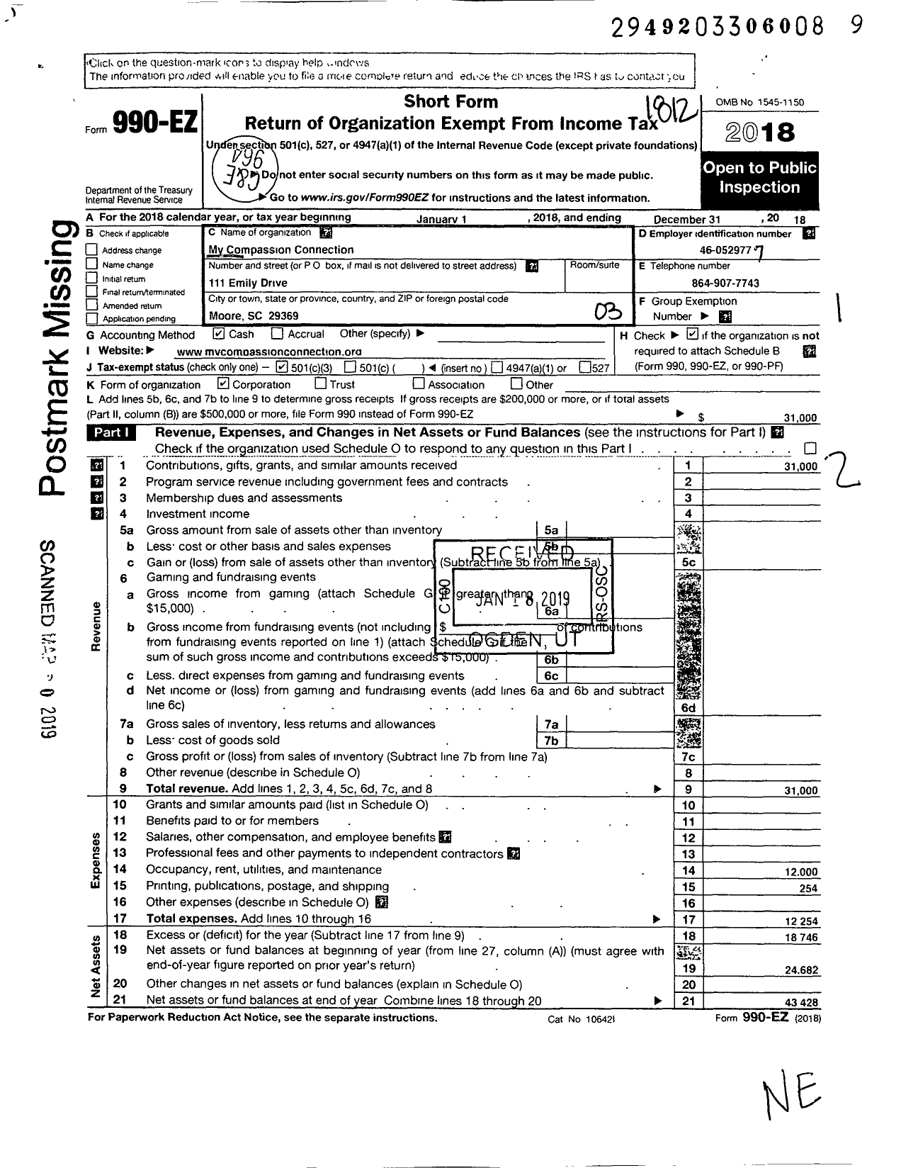 Image of first page of 2018 Form 990EZ for My Compassion Connection