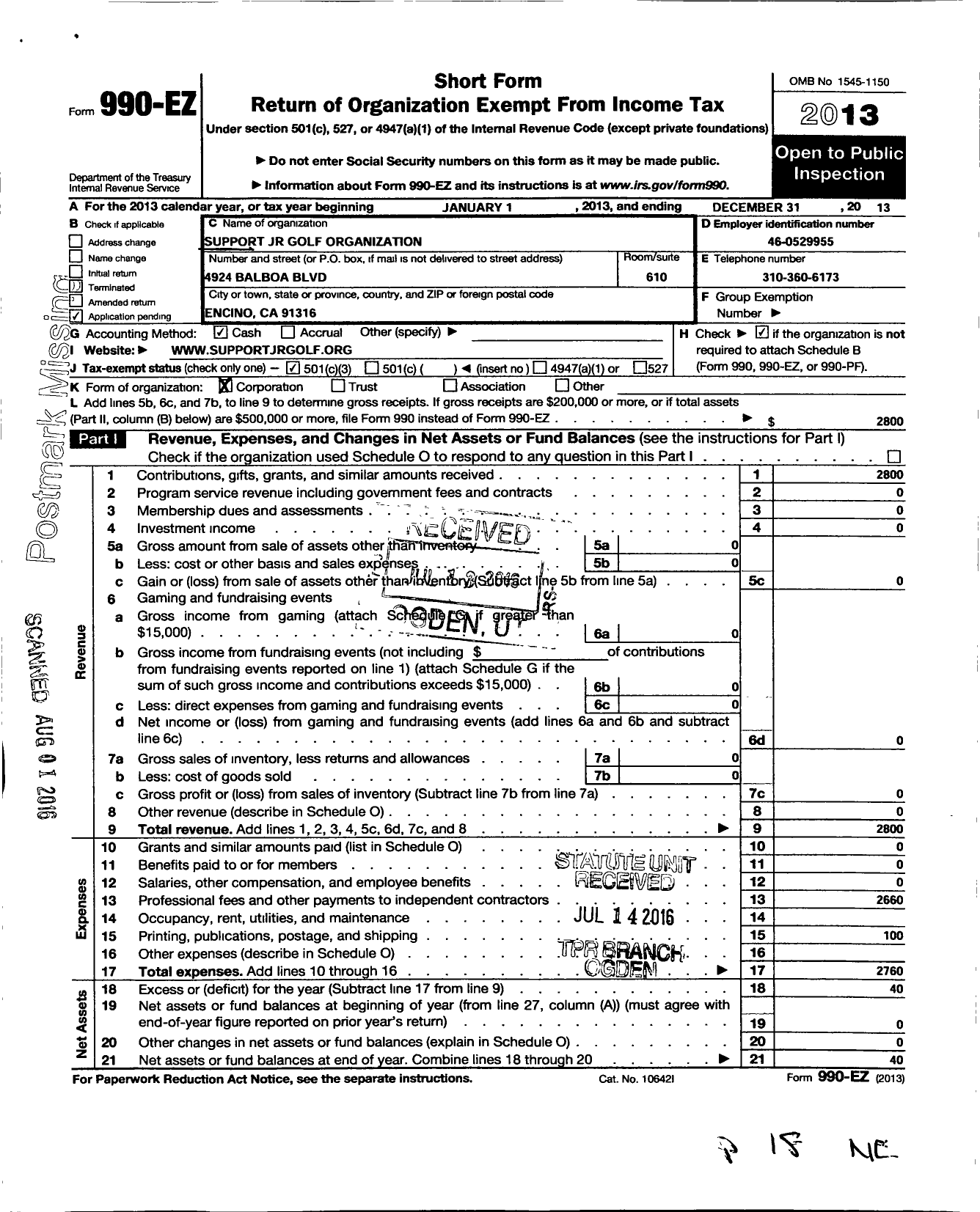 Image of first page of 2013 Form 990EZ for Support JR Golf Corporation