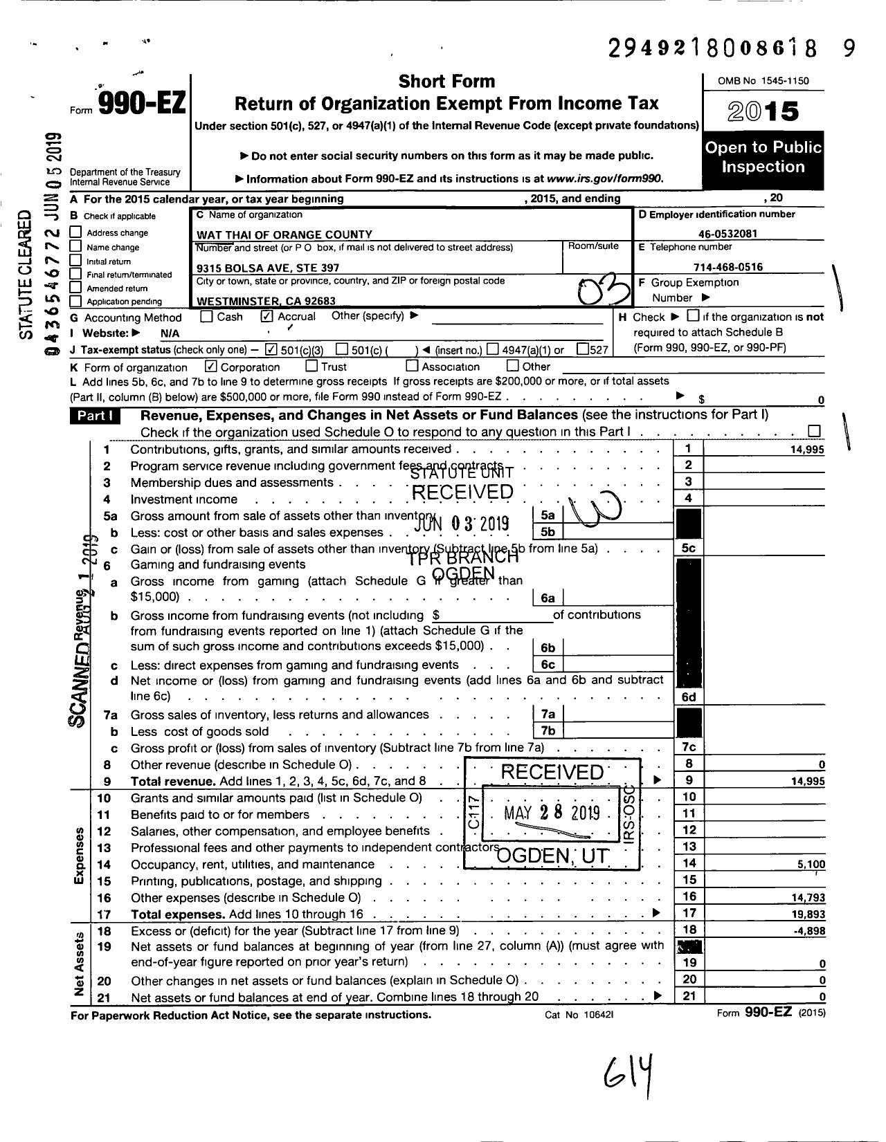 Image of first page of 2015 Form 990EZ for Wat Thai of Orange County