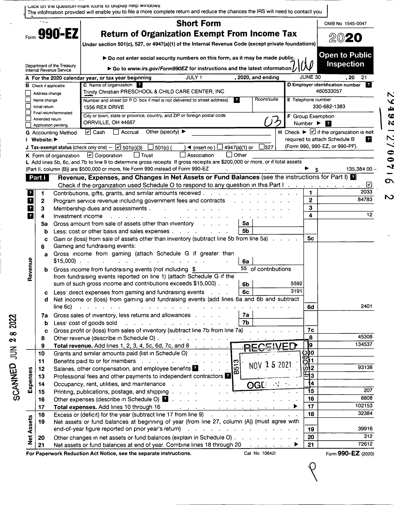 Image of first page of 2020 Form 990EZ for Trinity Christian Preschool and Child Care Center