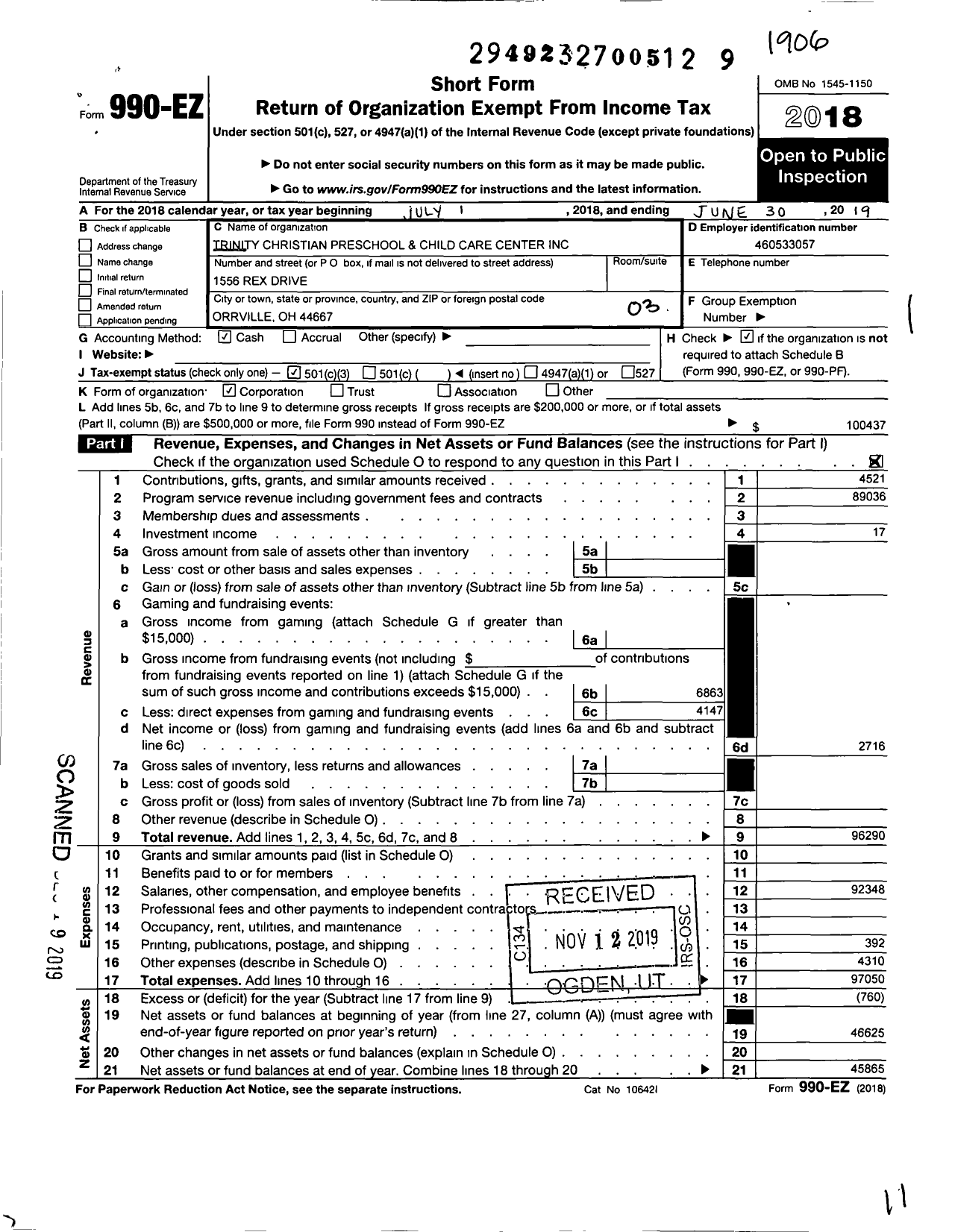 Image of first page of 2018 Form 990EZ for Trinity Christian Preschool and Child Care Center