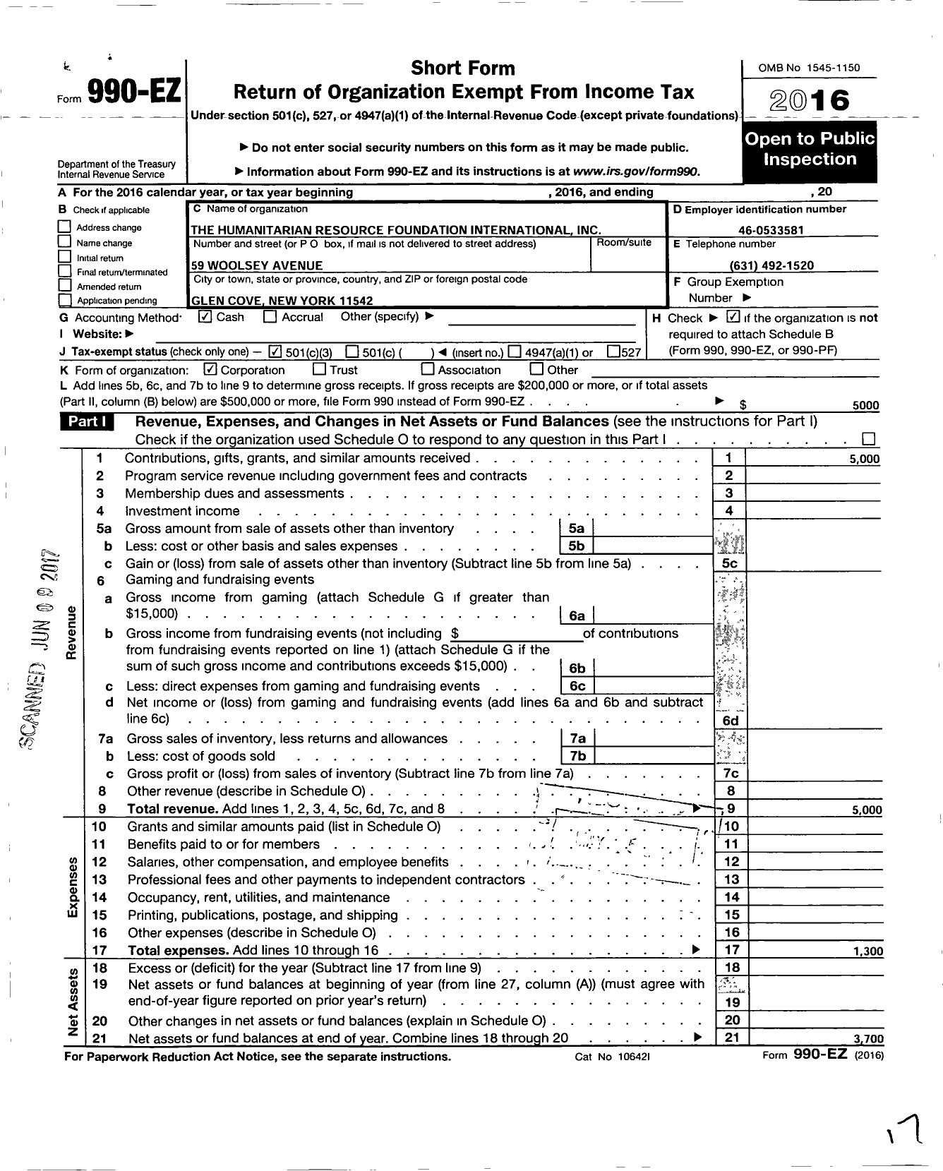 Image of first page of 2016 Form 990EZ for The Humanitarian Resourcefoundation International