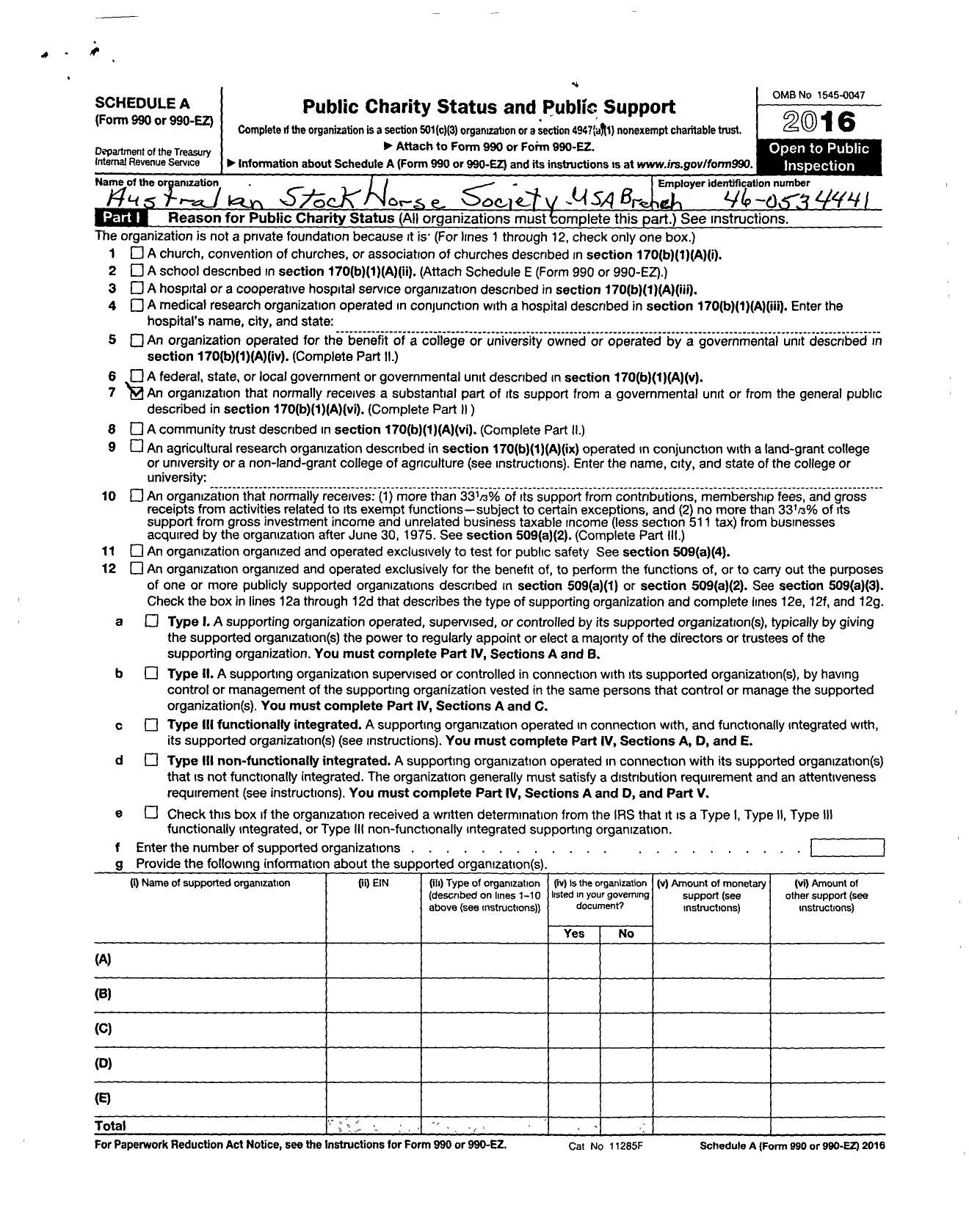 Image of first page of 2016 Form 990ER for Australian Stock Horse Society USA Branch