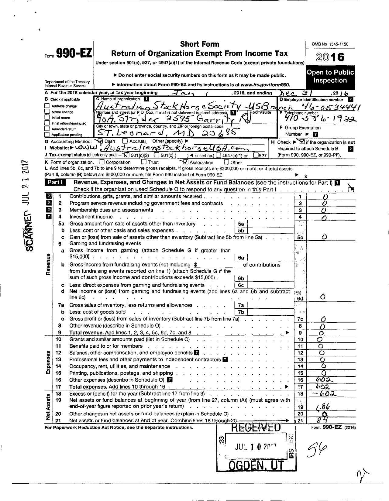 Image of first page of 2016 Form 990EZ for Australian Stock Horse Society USA Branch