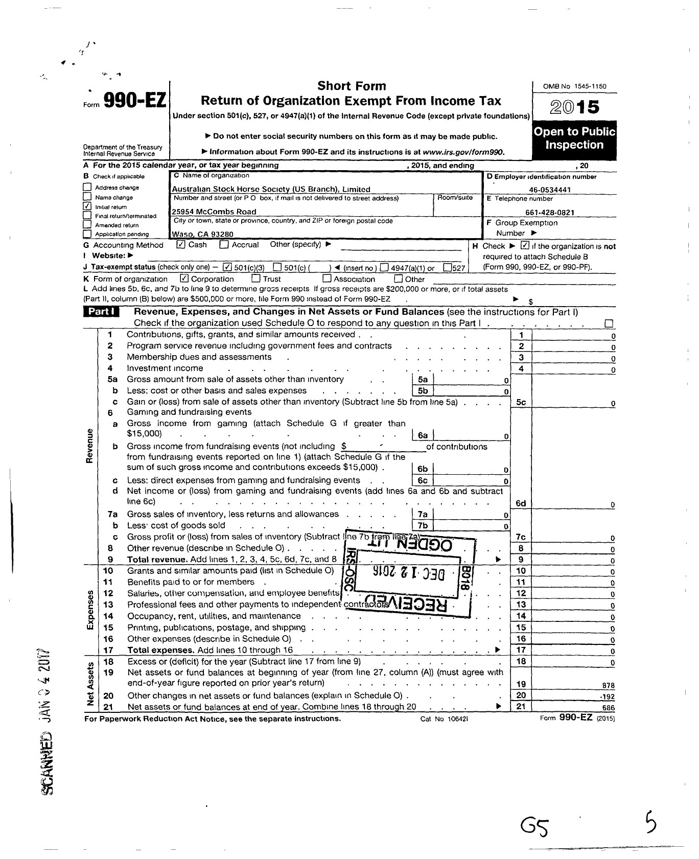 Image of first page of 2015 Form 990EZ for Australian Stock Horse Society USA Branch