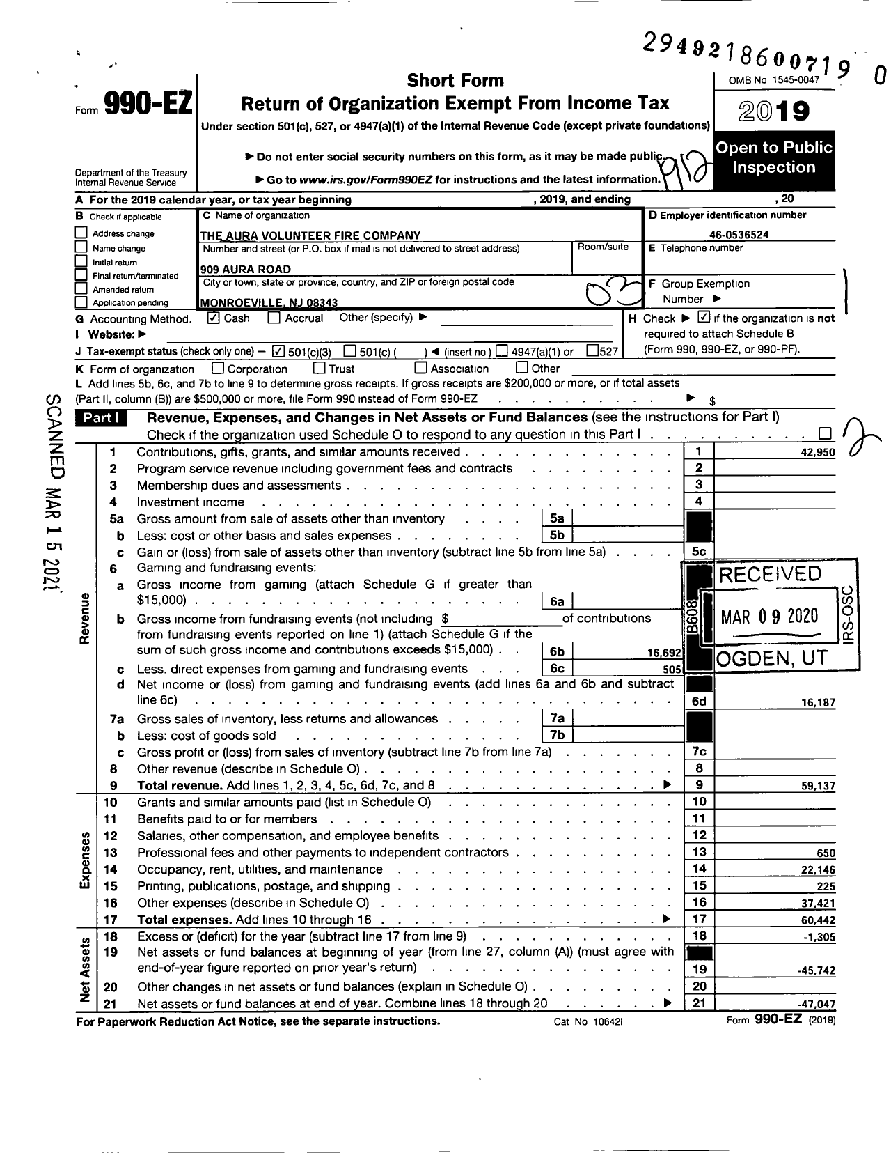 Image of first page of 2019 Form 990EZ for Aura Volunteer Fire Company