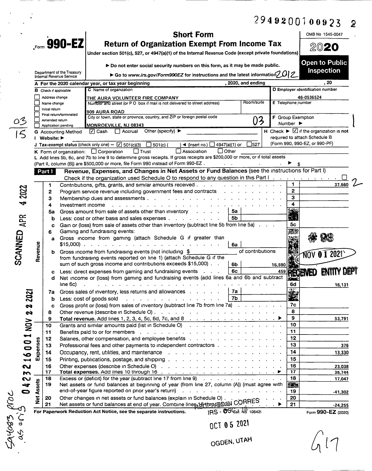 Image of first page of 2020 Form 990EZ for Aura Volunteer Fire Company