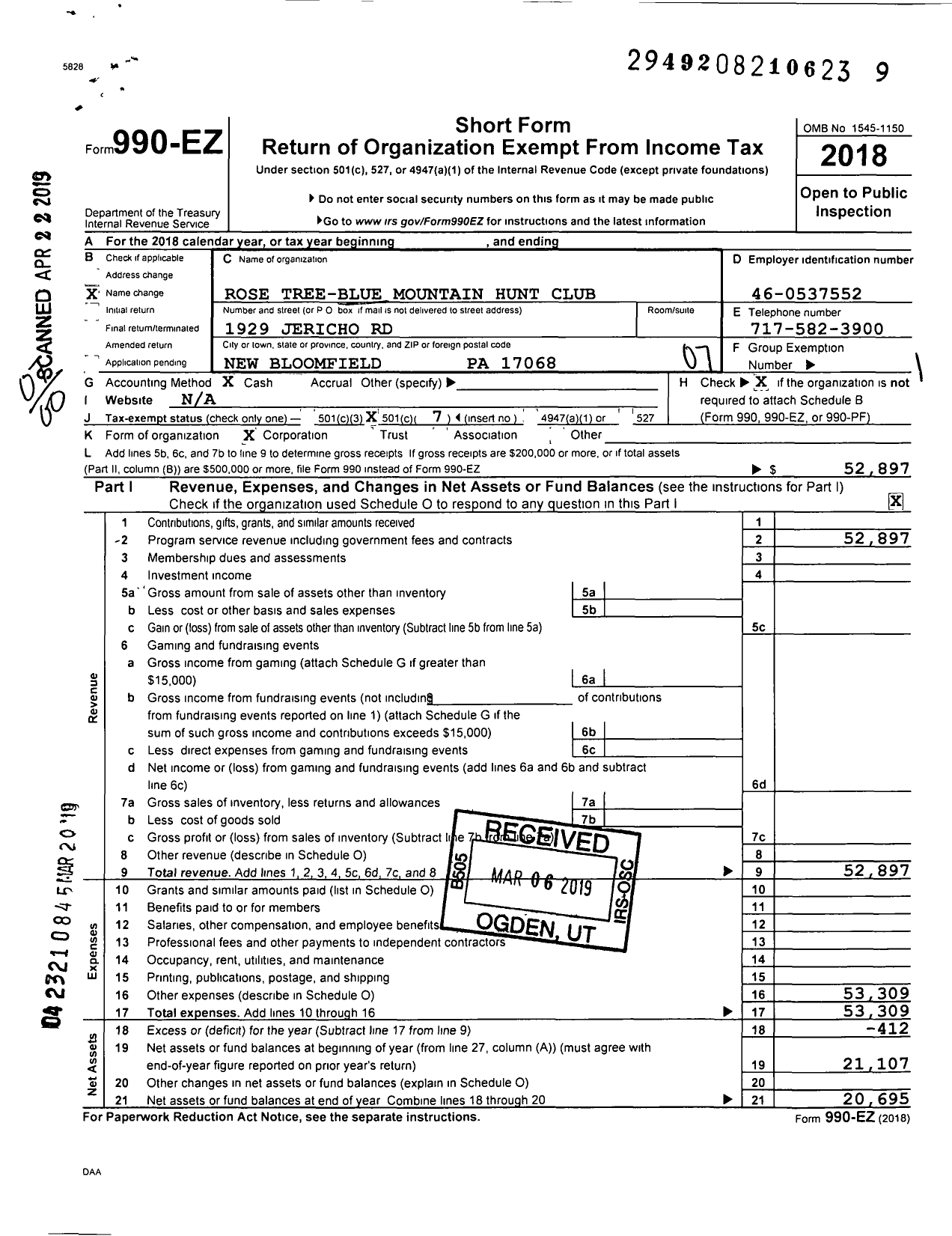 Image of first page of 2018 Form 990EO for Rose Tree-Blue Mountain Hunt Club