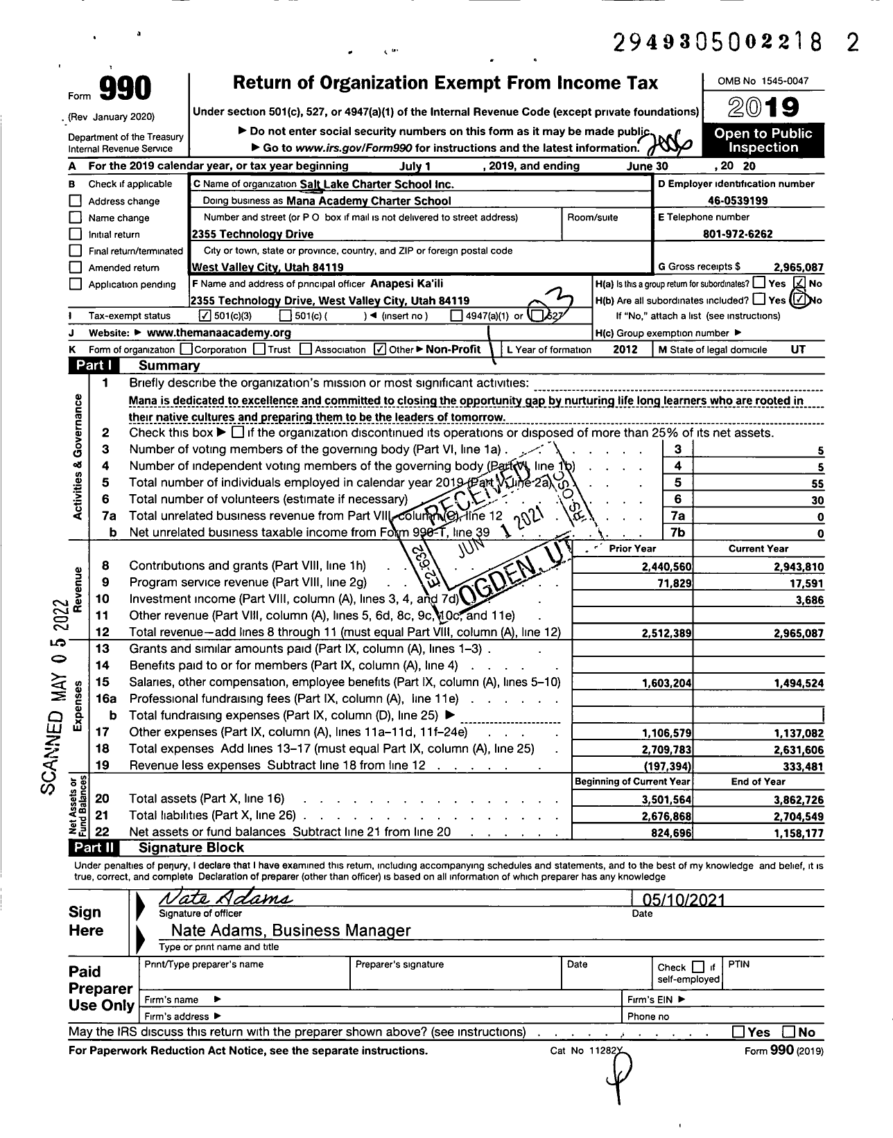 Image of first page of 2019 Form 990 for Mana Academy Charter School