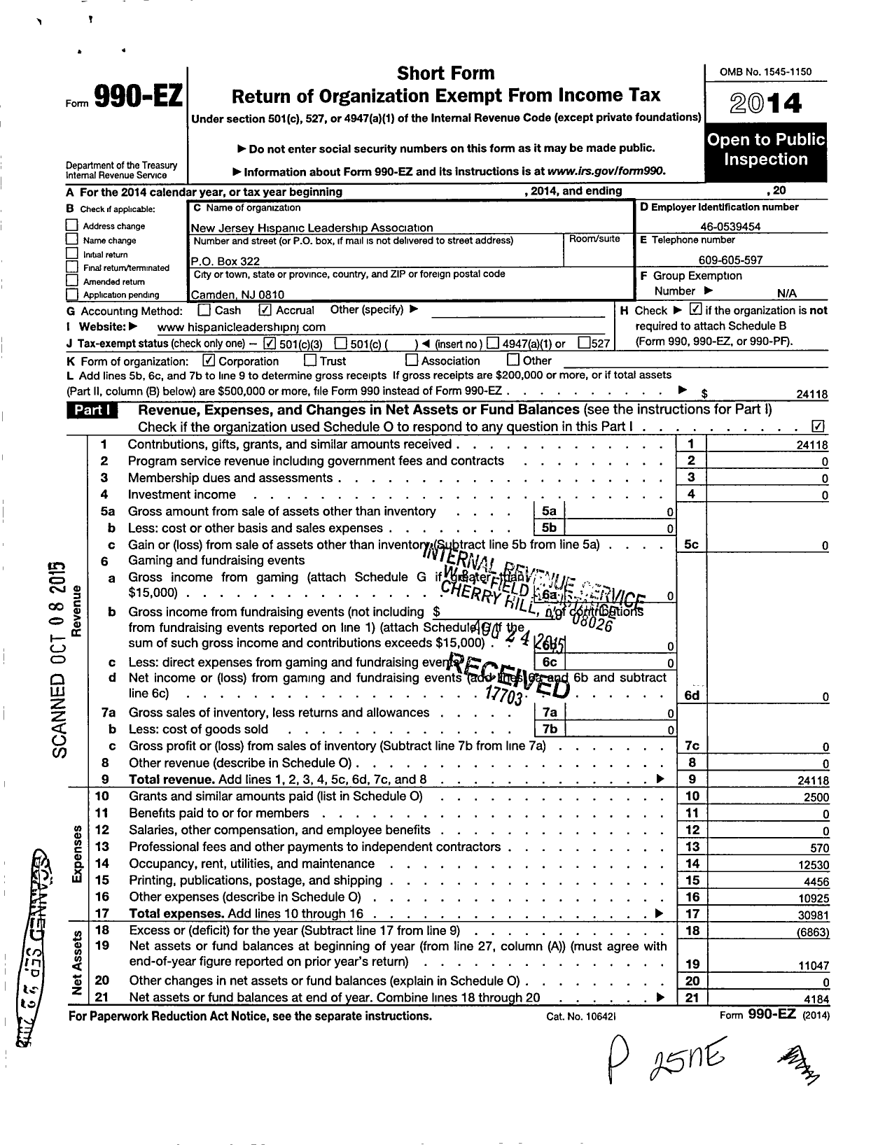 Image of first page of 2014 Form 990EZ for New Jersey Hispanic Leadership Association