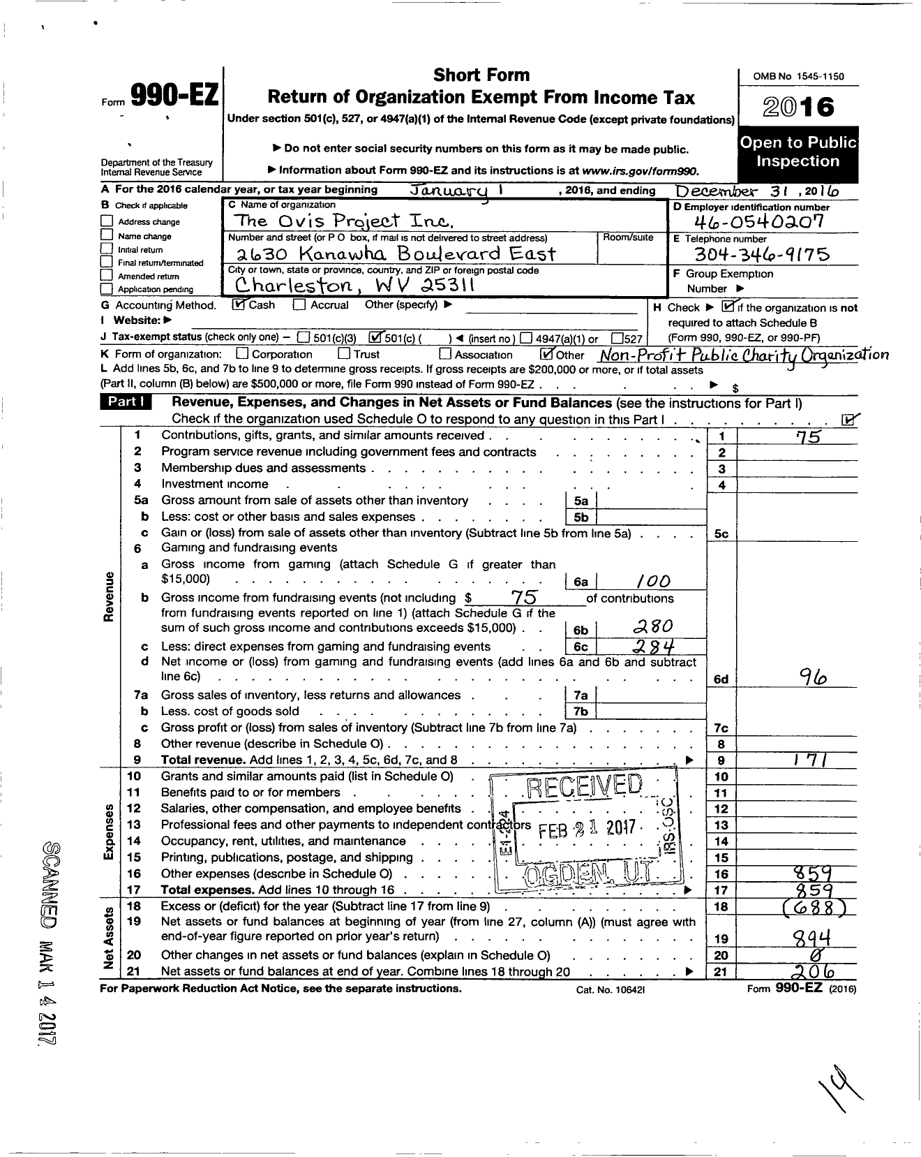 Image of first page of 2016 Form 990EO for Ovis Project