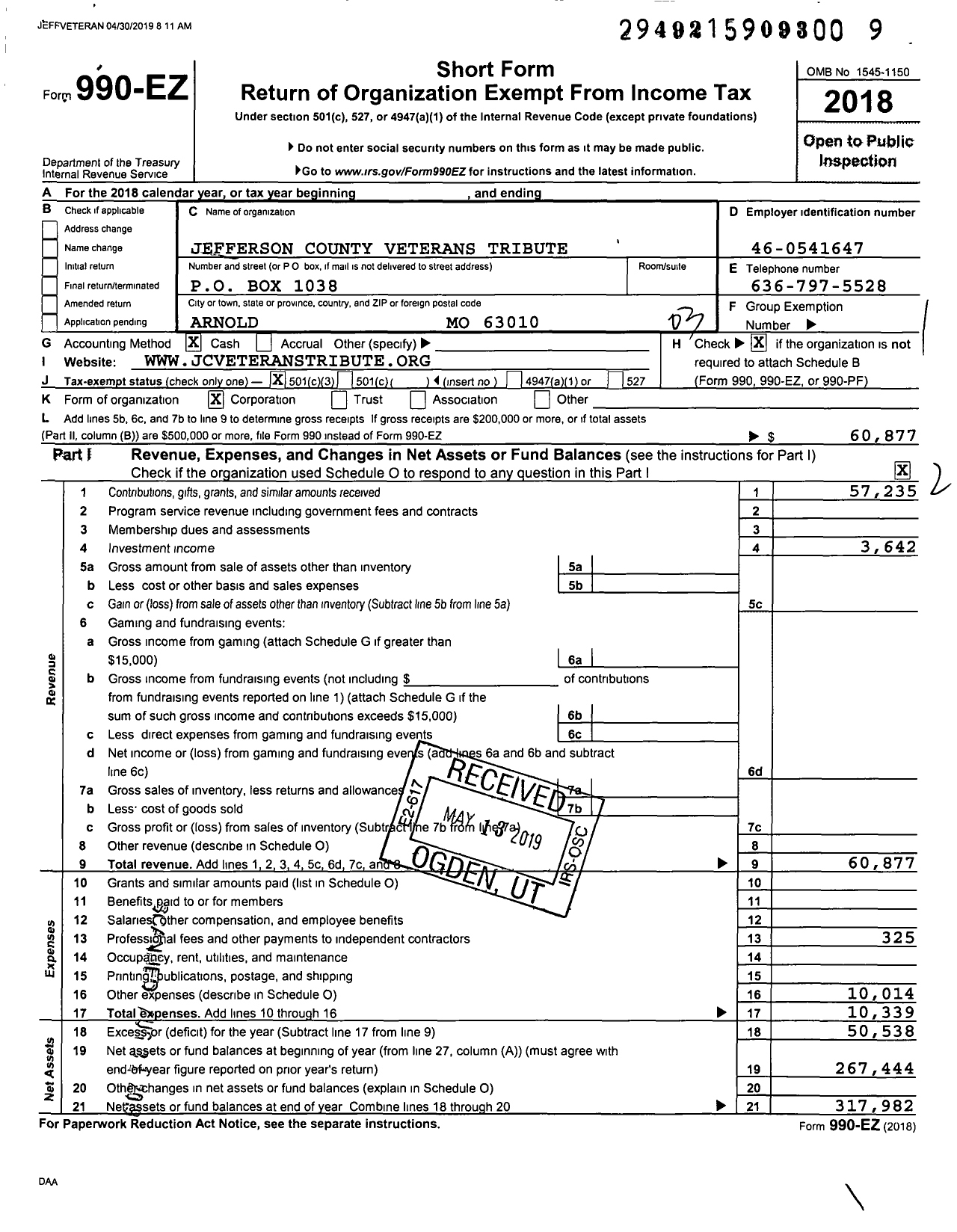 Image of first page of 2018 Form 990EZ for Jefferson County Veterans Tribute