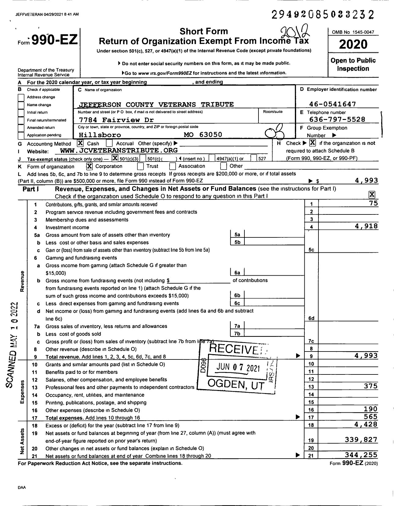 Image of first page of 2020 Form 990EZ for Jefferson County Veterans Tribute