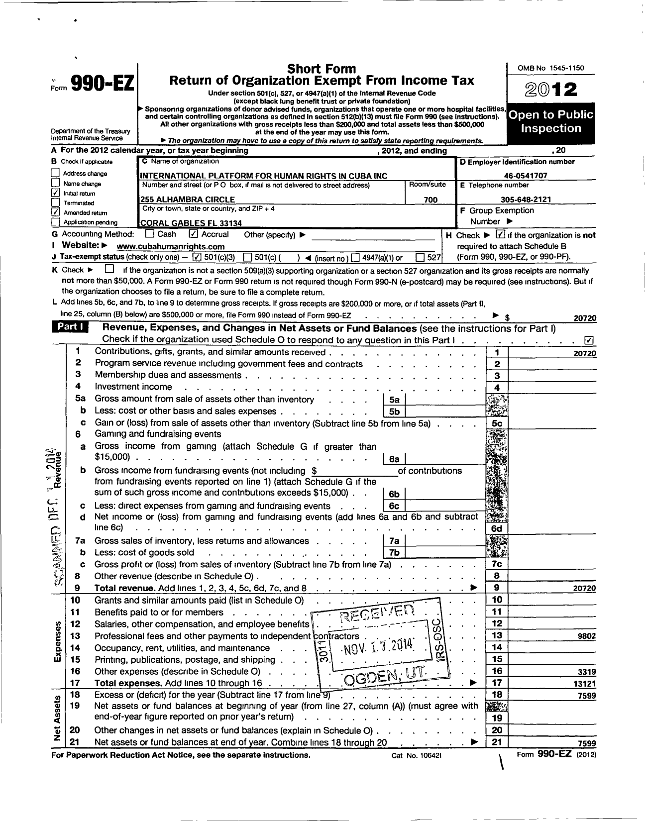 Image of first page of 2012 Form 990EZ for International Platform for Human Right in Cuba