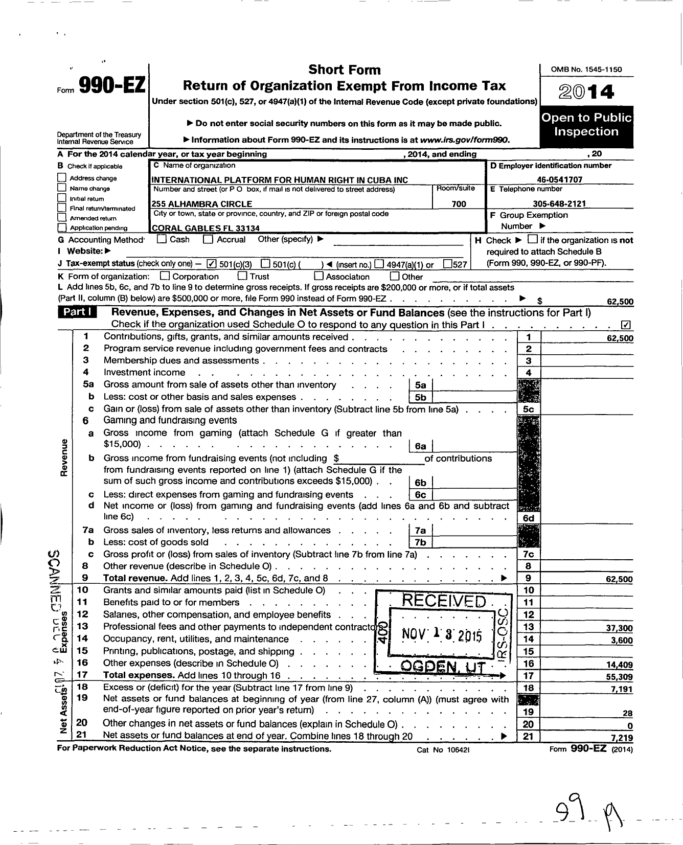 Image of first page of 2014 Form 990EZ for International Platform for Human Right in Cuba