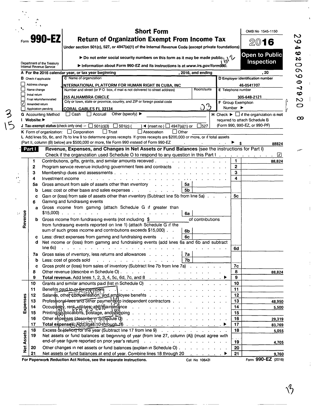 Image of first page of 2016 Form 990EZ for International Platform for Human Right in Cuba