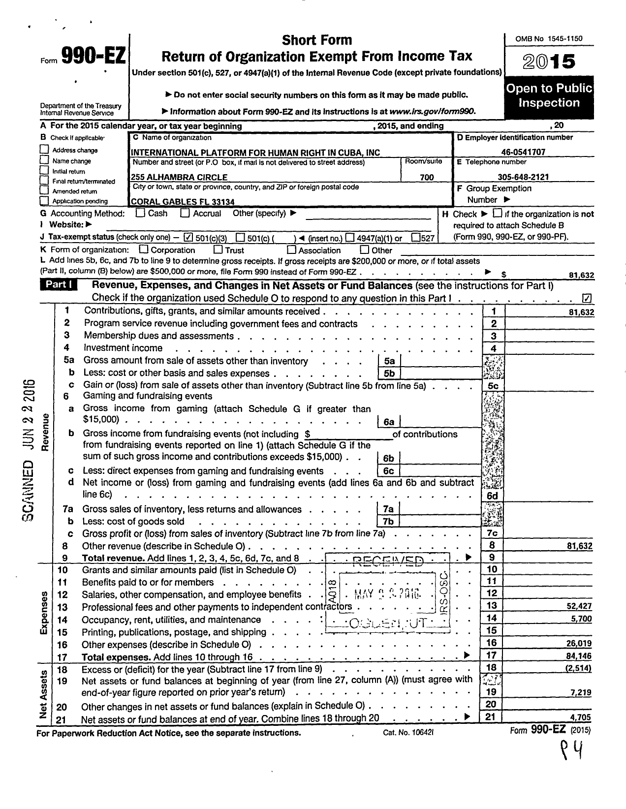 Image of first page of 2015 Form 990EZ for International Platform for Human Right in Cuba