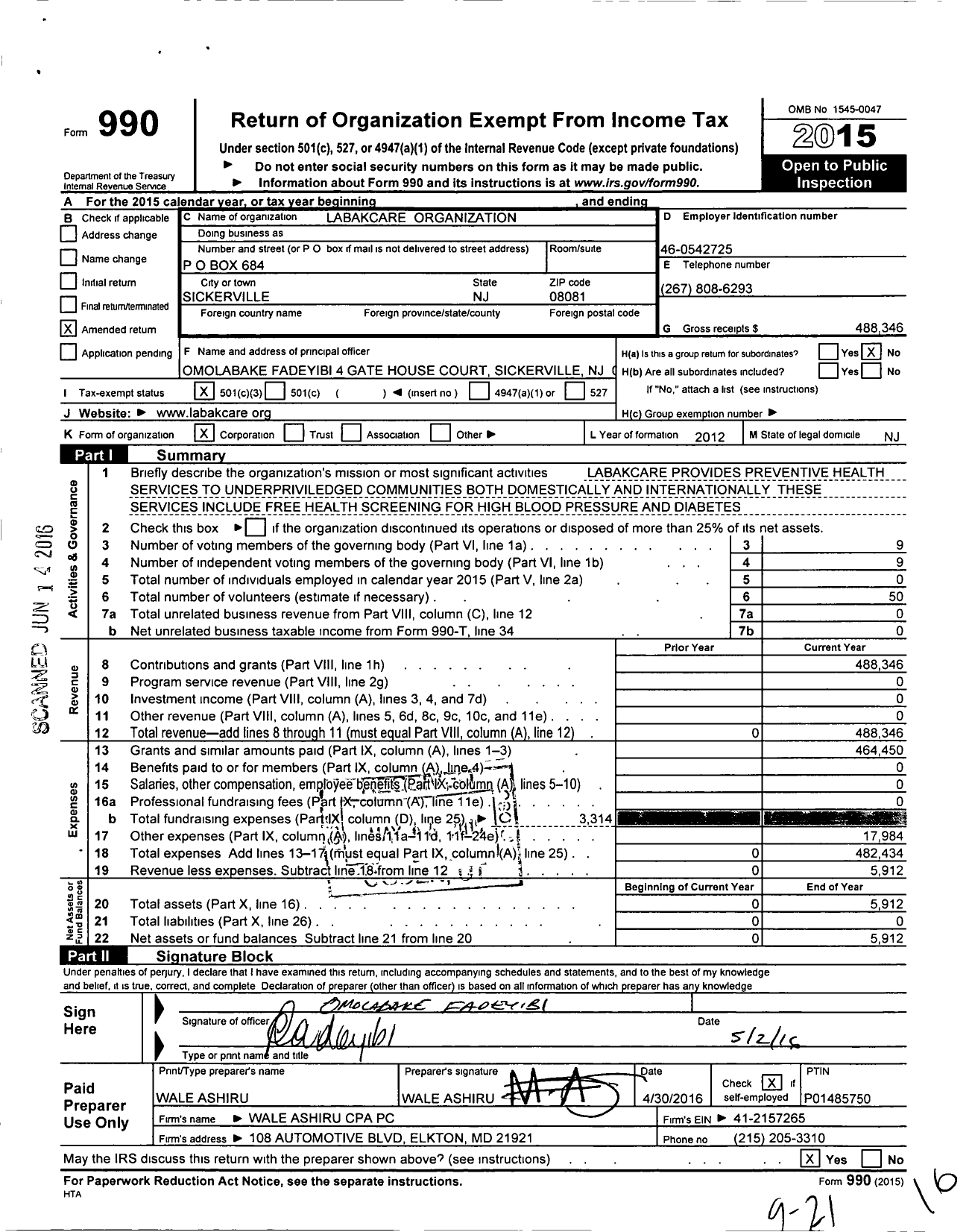 Image of first page of 2015 Form 990 for Labakcare Organization