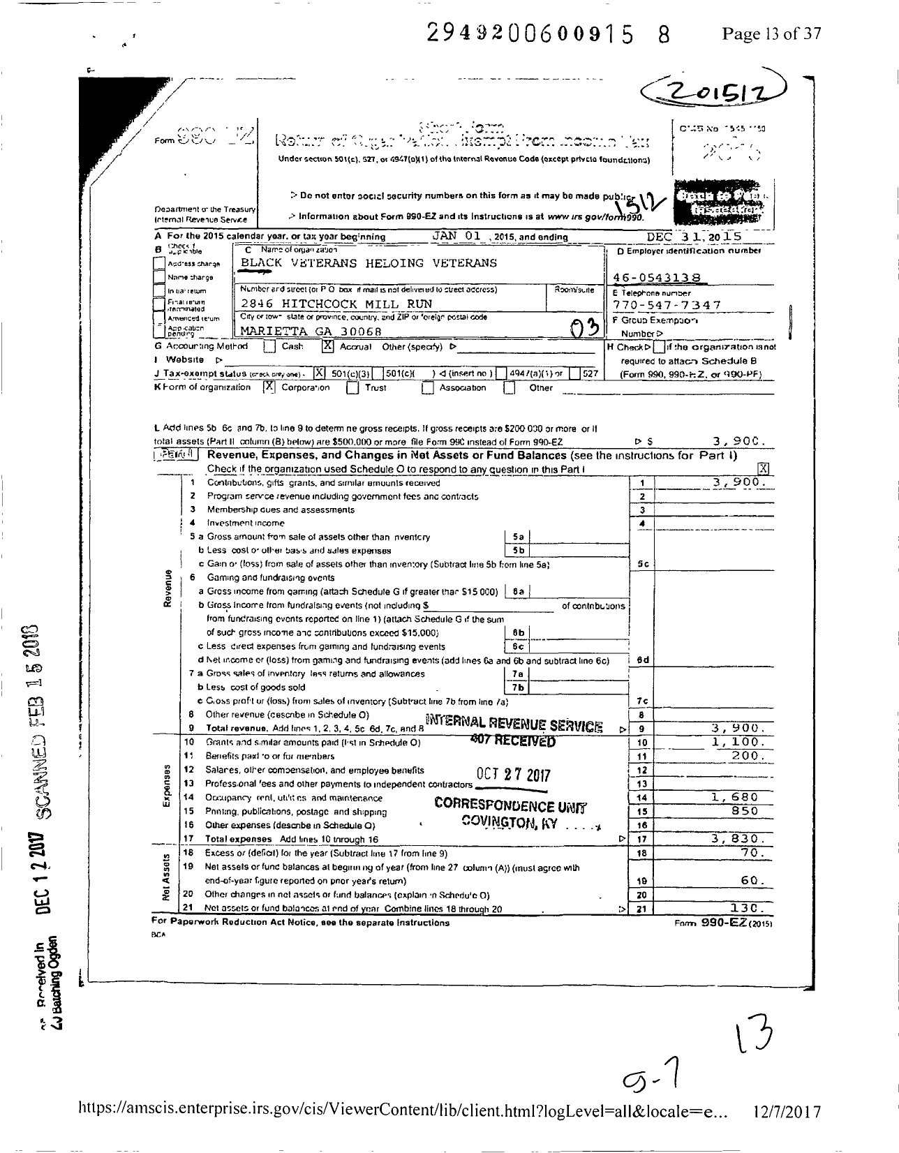 Image of first page of 2015 Form 990EZ for Black Veterans Heloing Veterans