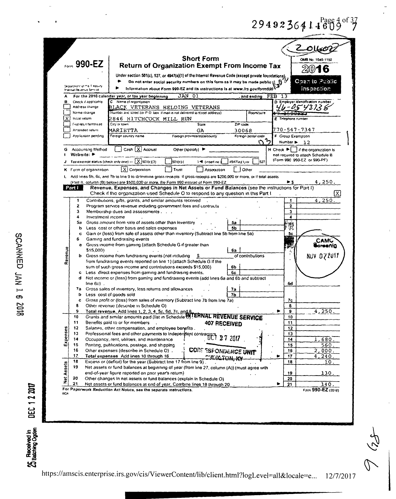 Image of first page of 2015 Form 990EZ for Black Veterans Heloing Veterans