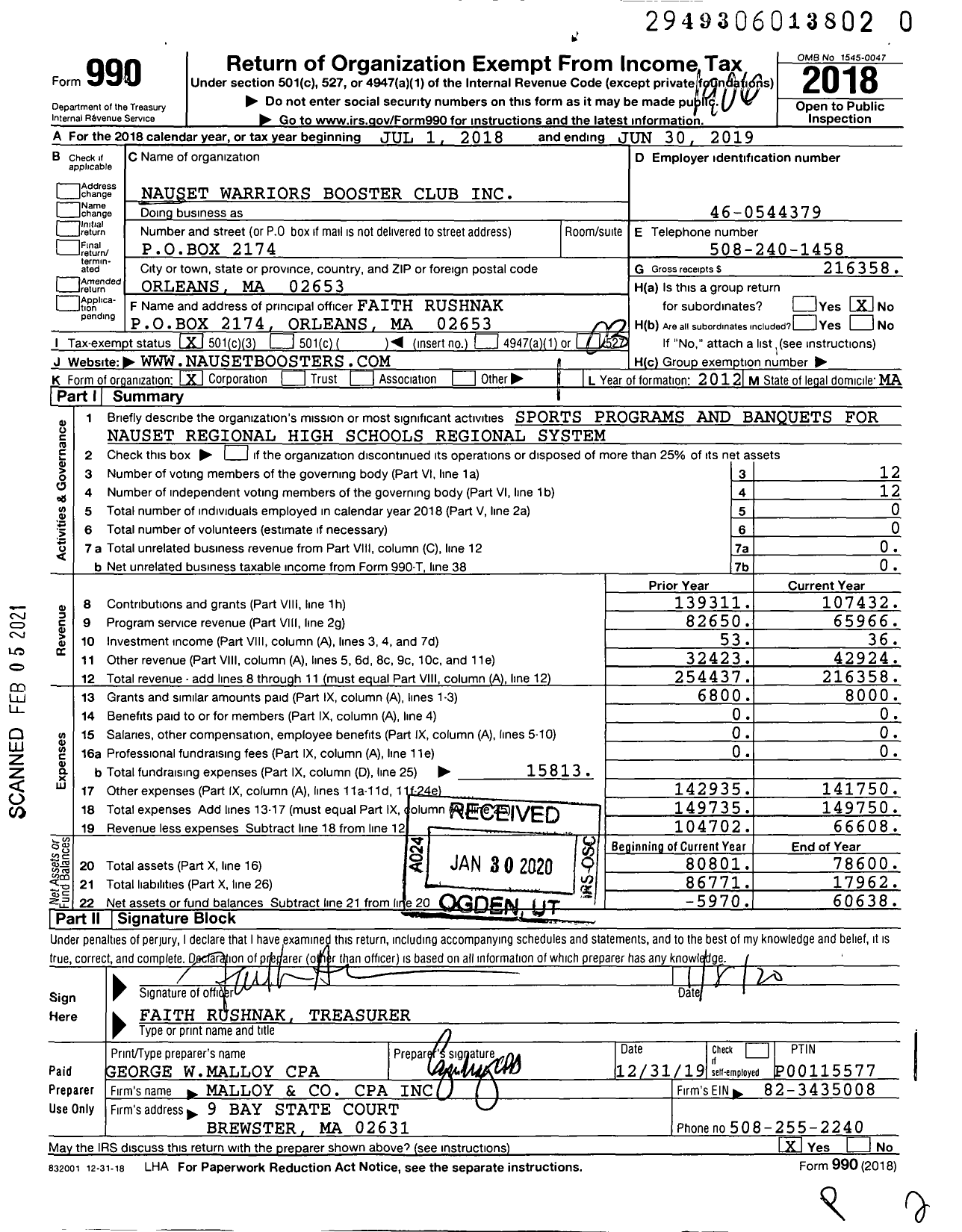 Image of first page of 2018 Form 990 for Nauset Warriors Booster Club