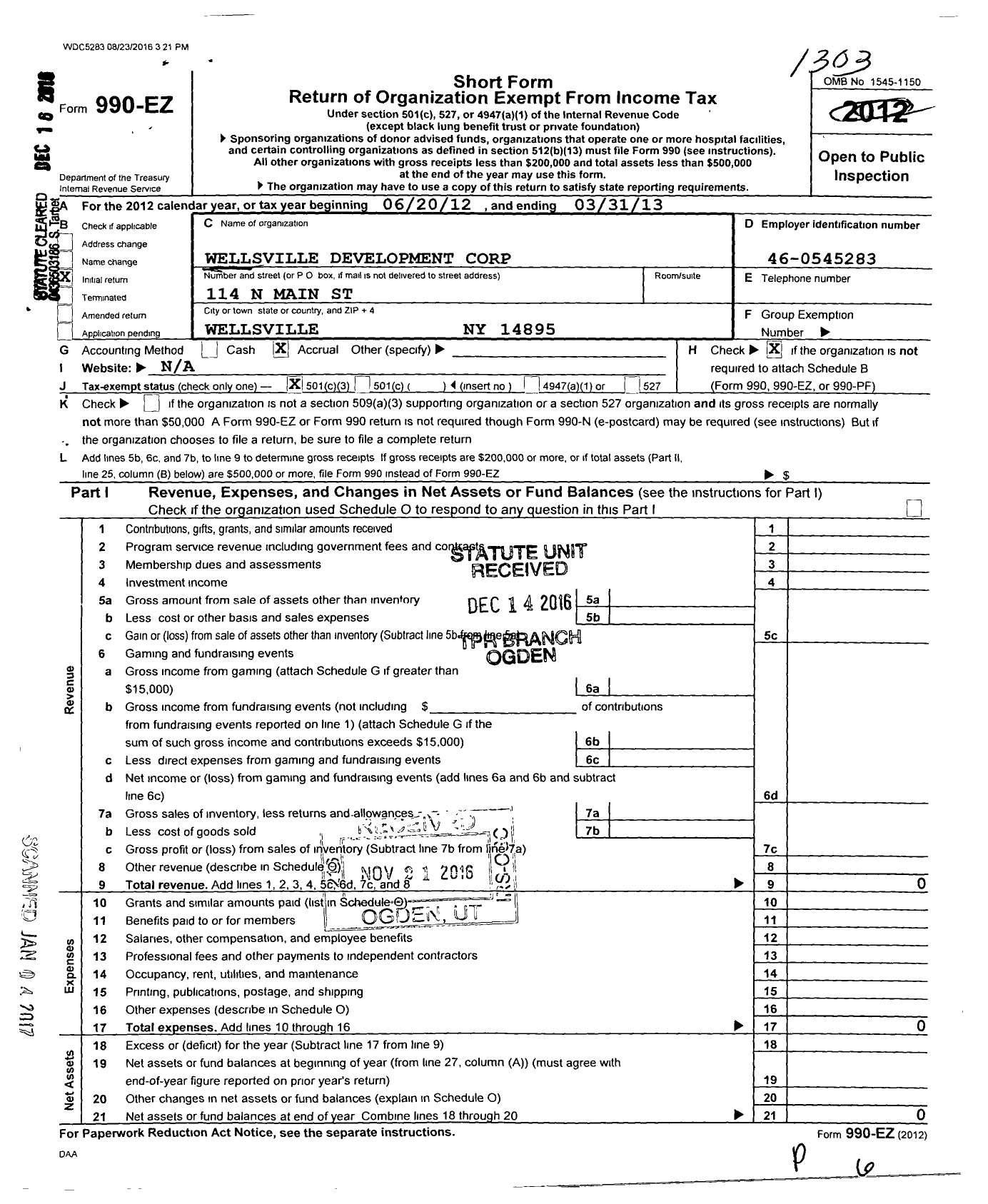 Image of first page of 2012 Form 990EZ for Wellsville Development Corporation