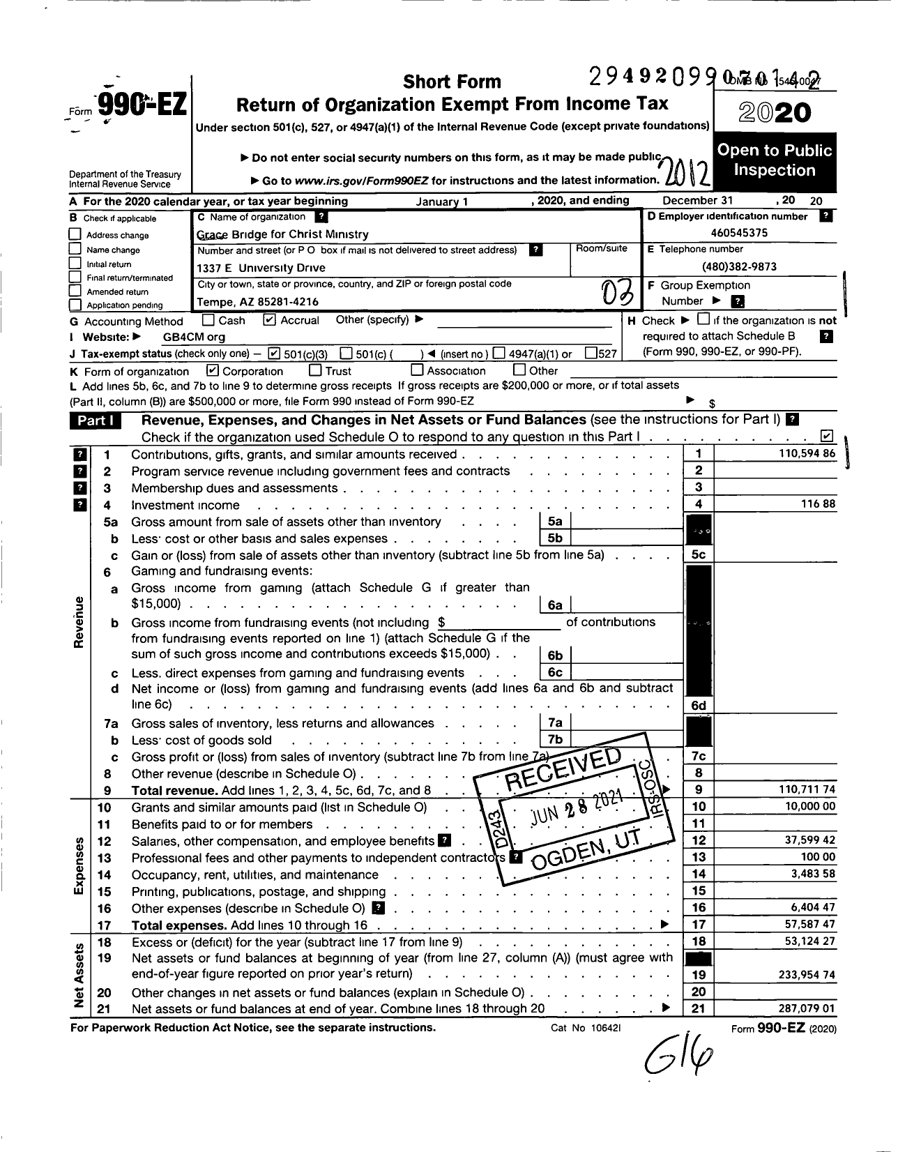 Image of first page of 2020 Form 990EZ for Grace Bridge for Christ Ministry