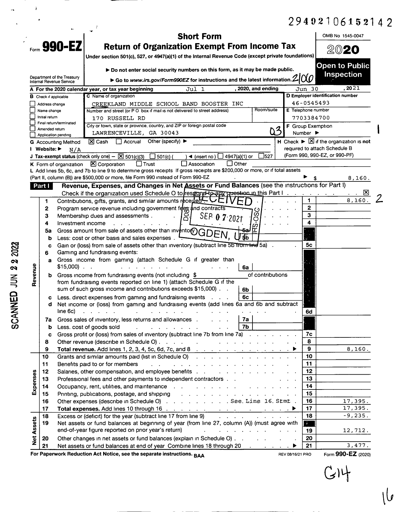 Image of first page of 2020 Form 990EZ for Creekland Middle School Band Boosters