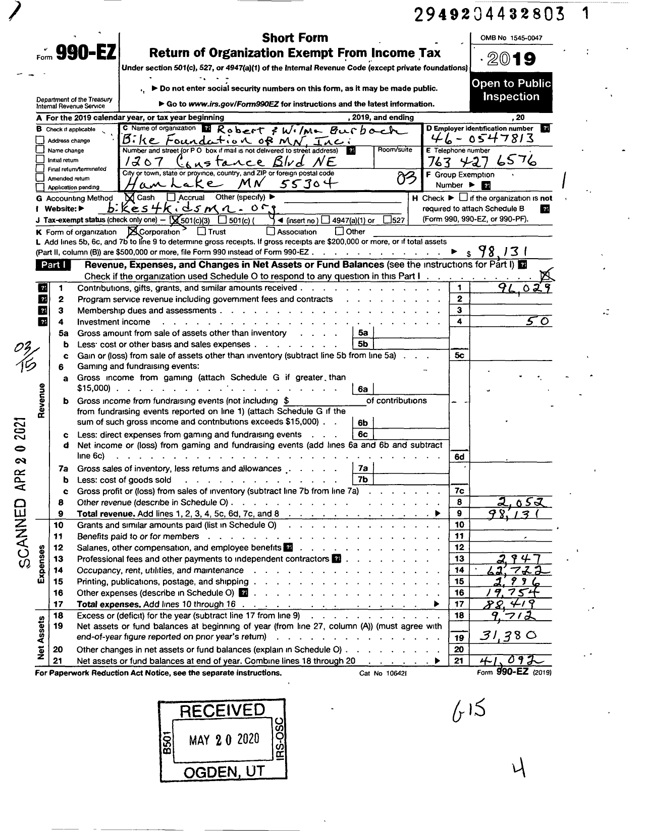 Image of first page of 2019 Form 990EZ for Robert and Wilma Burbach Bike Foundation of MN