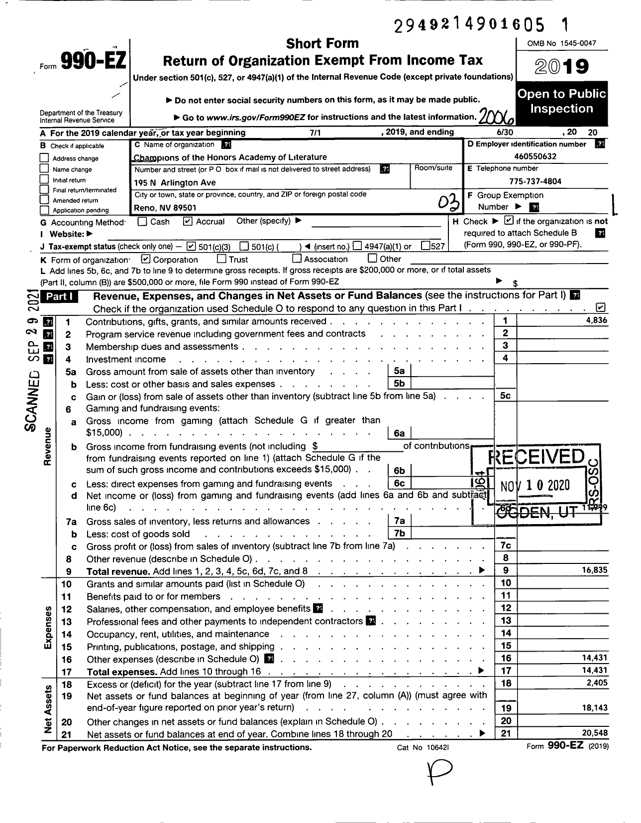 Image of first page of 2019 Form 990EZ for Champions of the Honors Academy of Literature