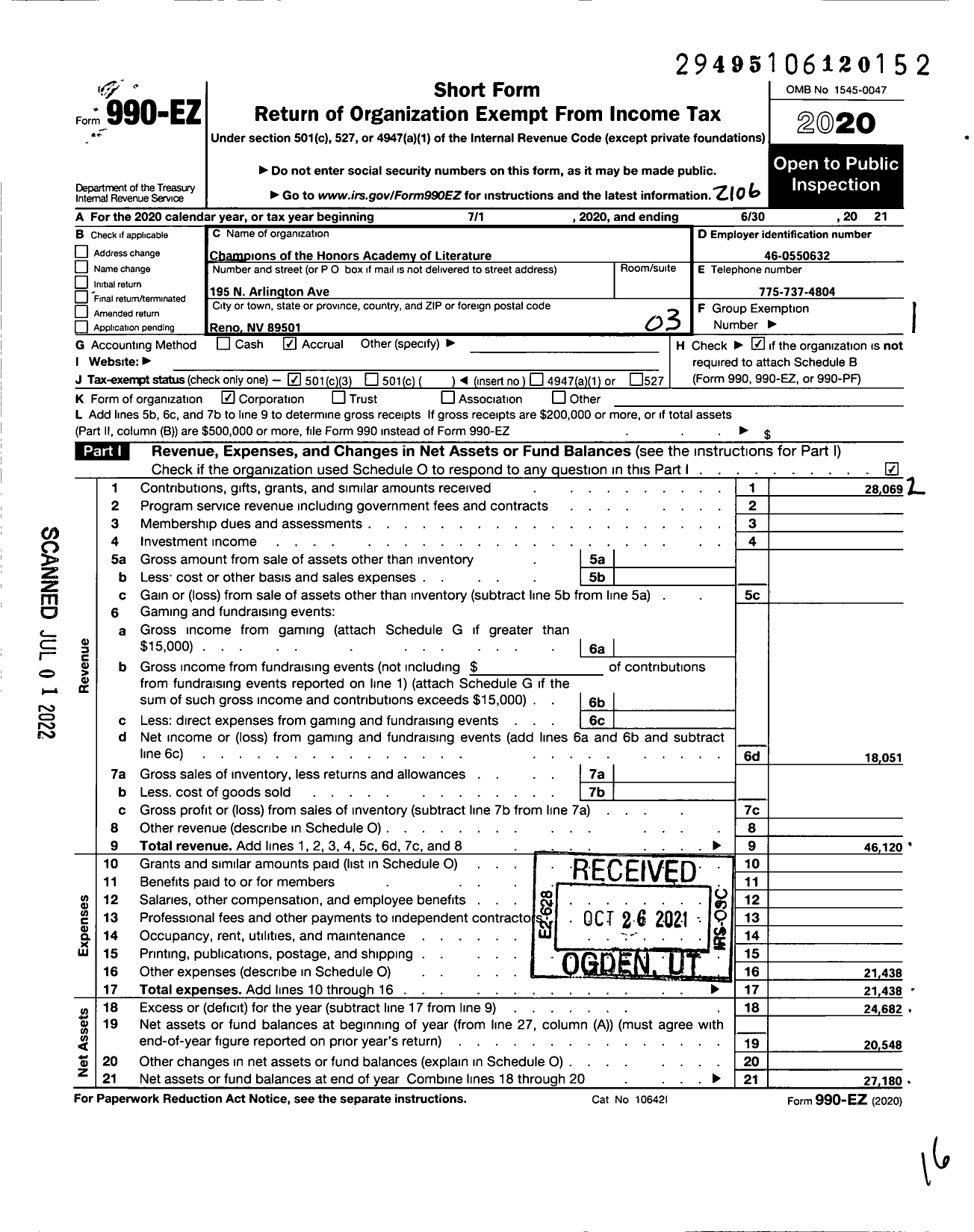 Image of first page of 2020 Form 990EZ for Champions of the Honors Academy of Literature