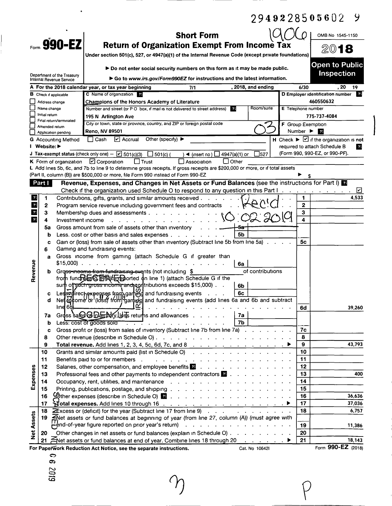 Image of first page of 2018 Form 990EZ for Champions of the Honors Academy of Literature