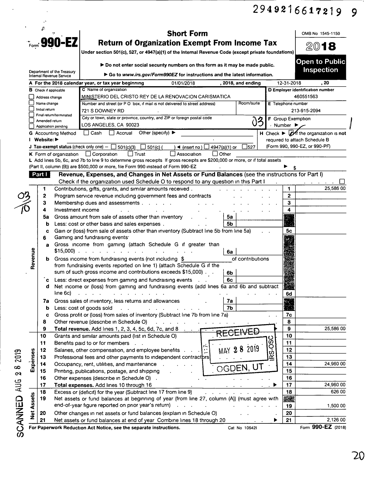 Image of first page of 2018 Form 990EZ for Ministerio Del Cristo Rey de La Renovacion Carismatica Catolic