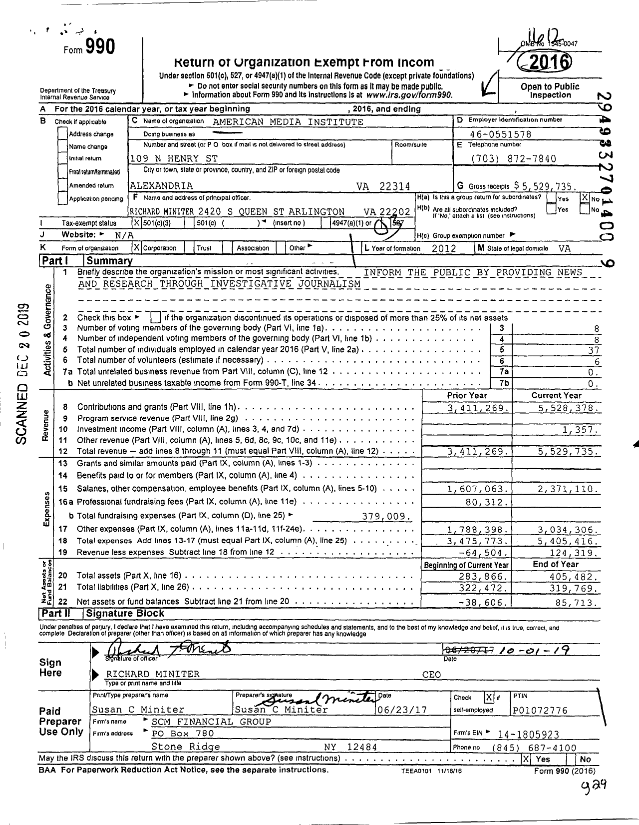 Image of first page of 2016 Form 990 for American Media Institute