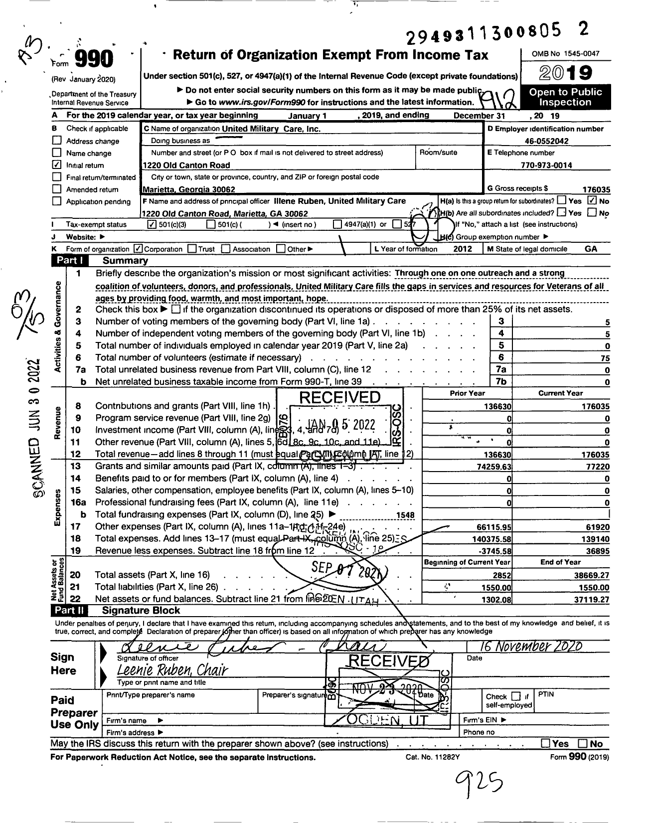Image of first page of 2019 Form 990 for United Military Care