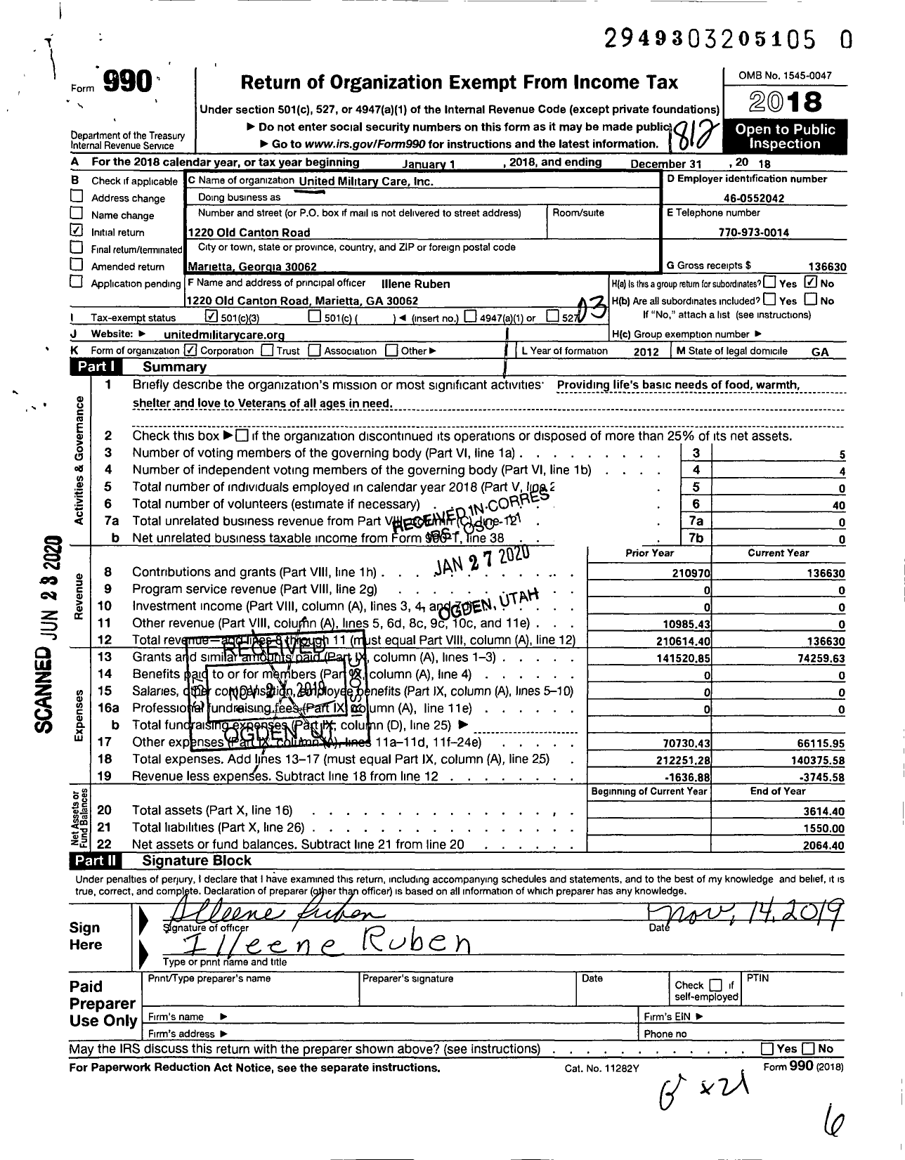 Image of first page of 2018 Form 990 for United Military Care