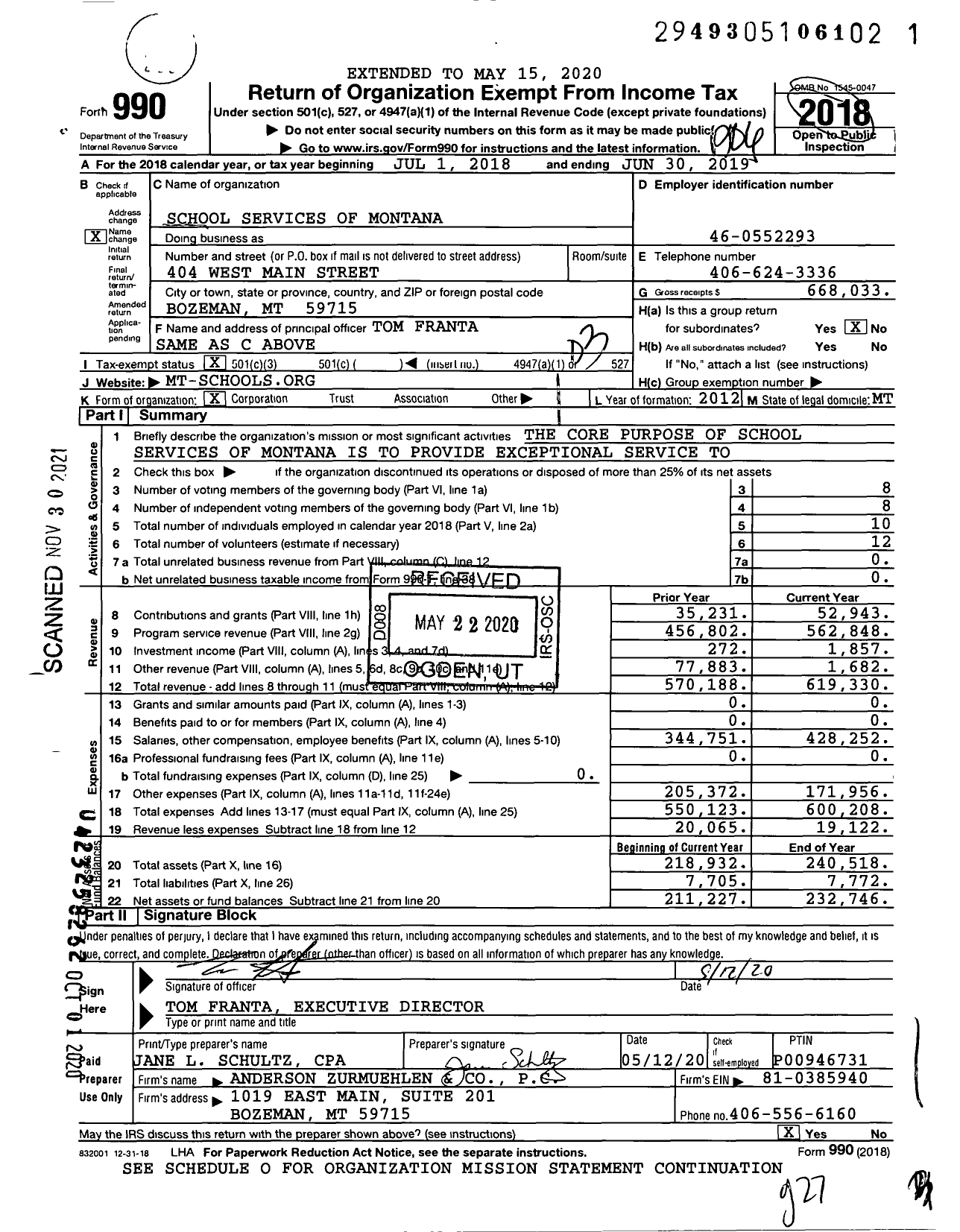 Image of first page of 2018 Form 990 for School Services of Montana